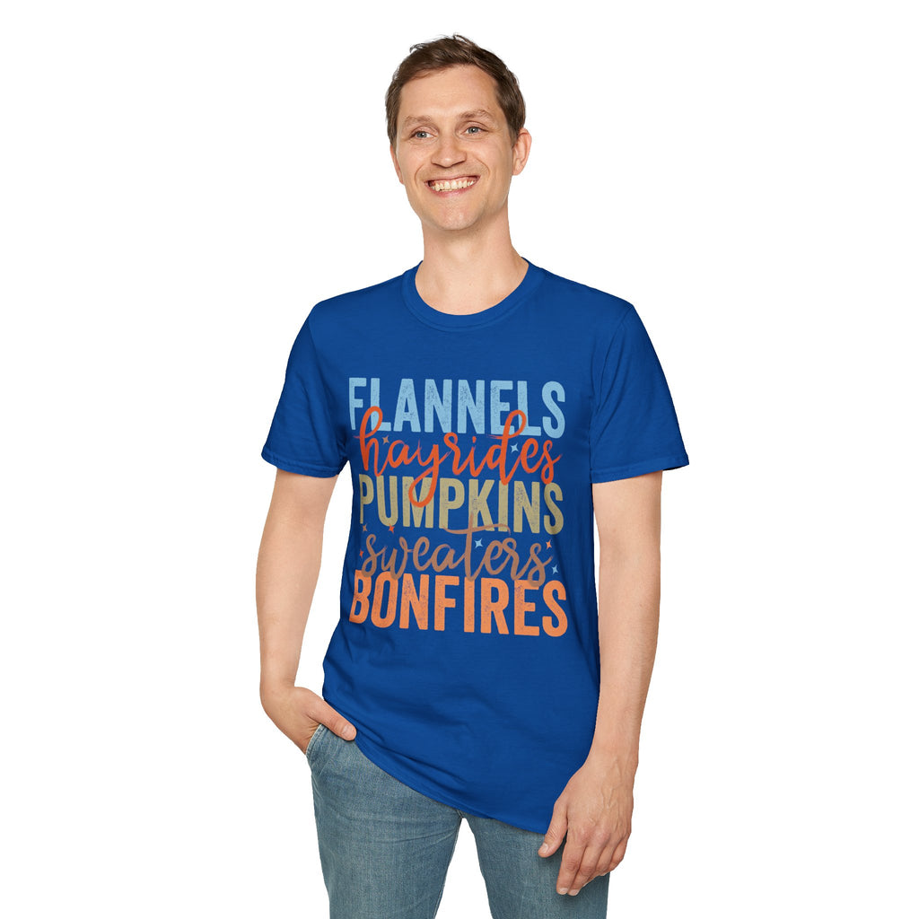 Fall Vibes T‑Shirt — “Flannels Hayrides Pumpkins” Autumn Graphic Tee