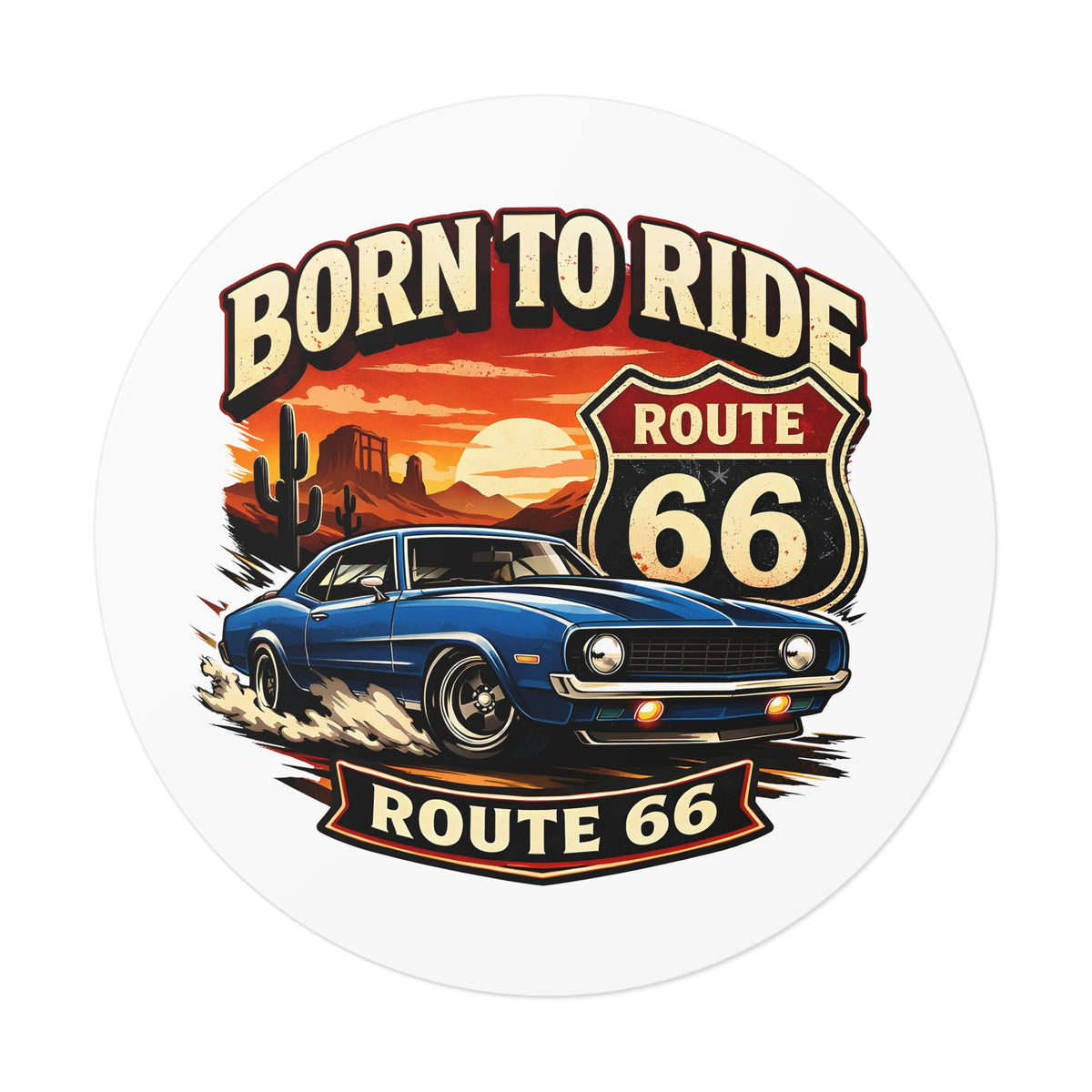 Born to Ride Route 66 Round Vinyl Sticker | Classic Muscle Car Decal