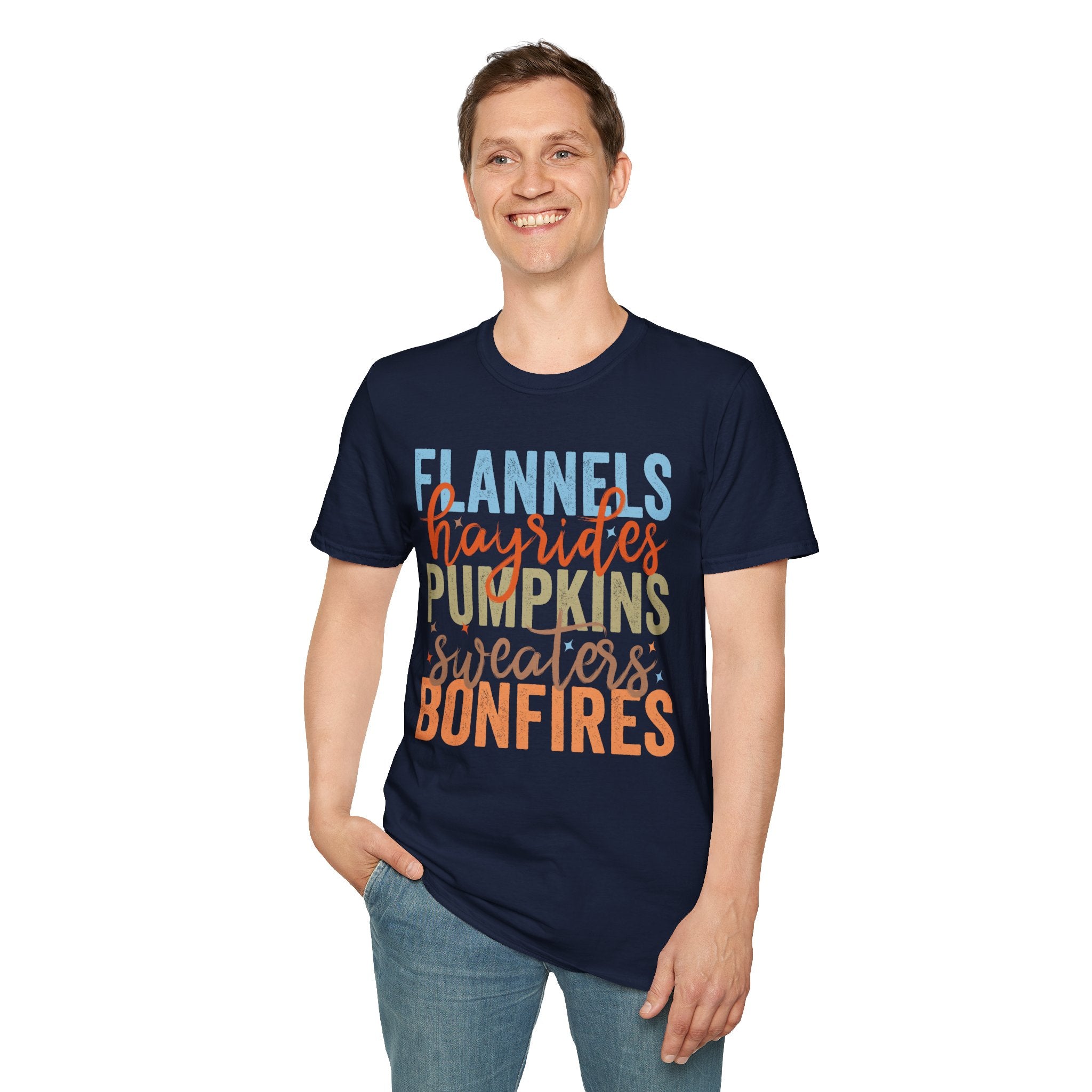 Fall Vibes T‑Shirt — “Flannels Hayrides Pumpkins” Autumn Graphic Tee