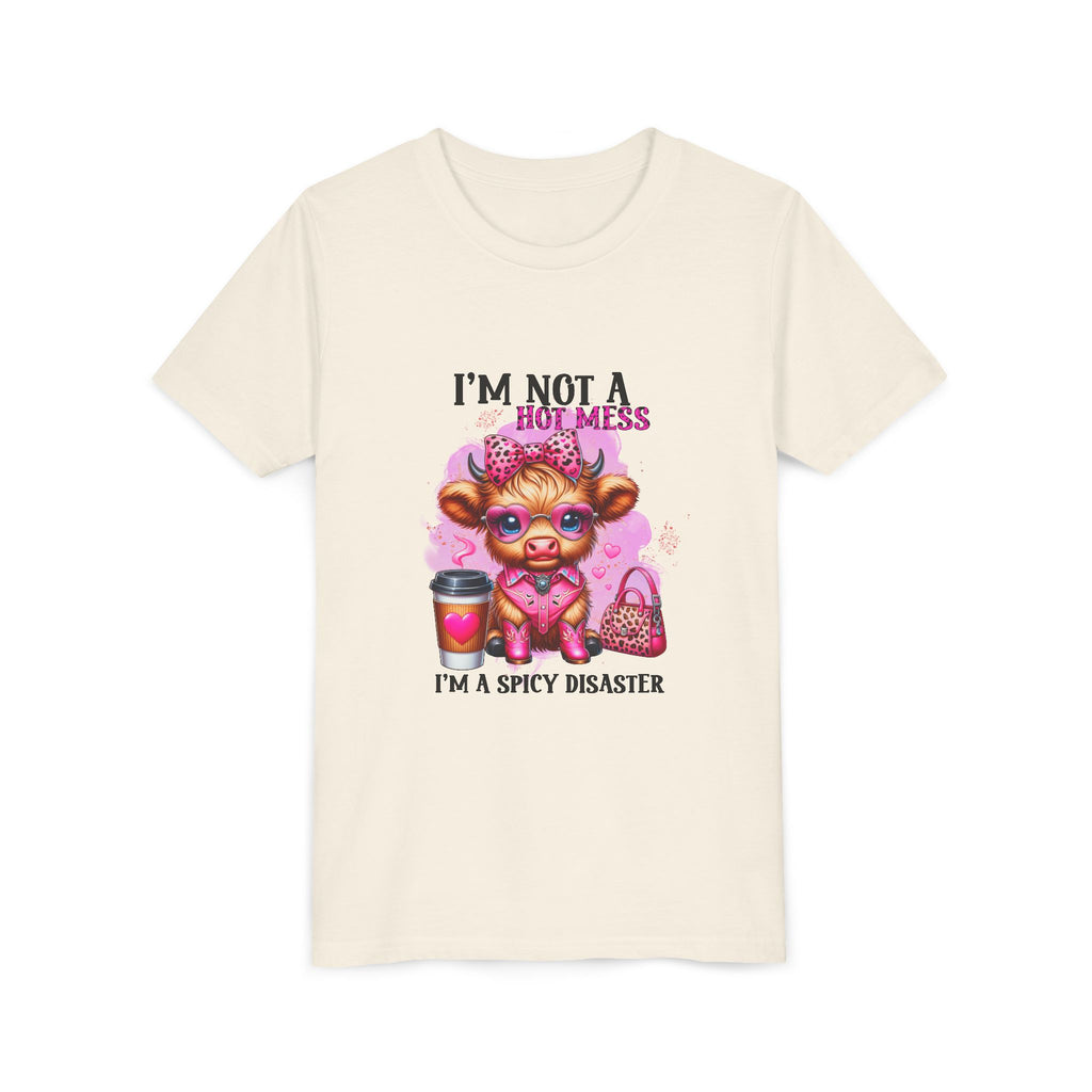 Youth Tee — "I'm Not A Hot Mess I'm A Spicy Disaster" Highland Cow