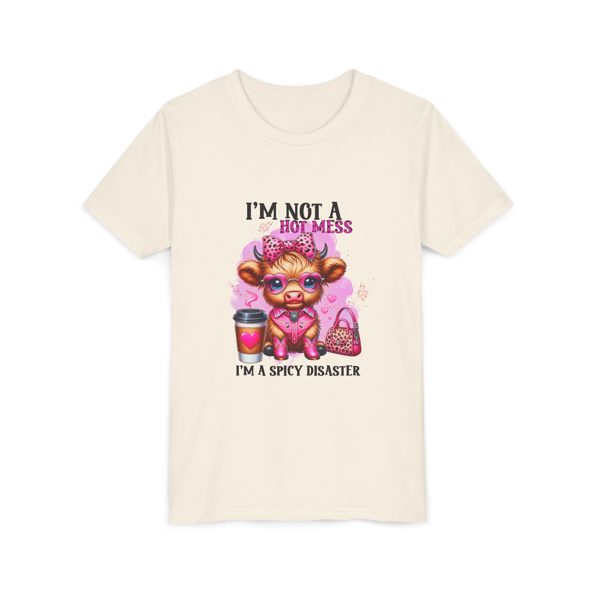 Youth Tee — "I'm Not A Hot Mess I'm A Spicy Disaster" Highland Cow