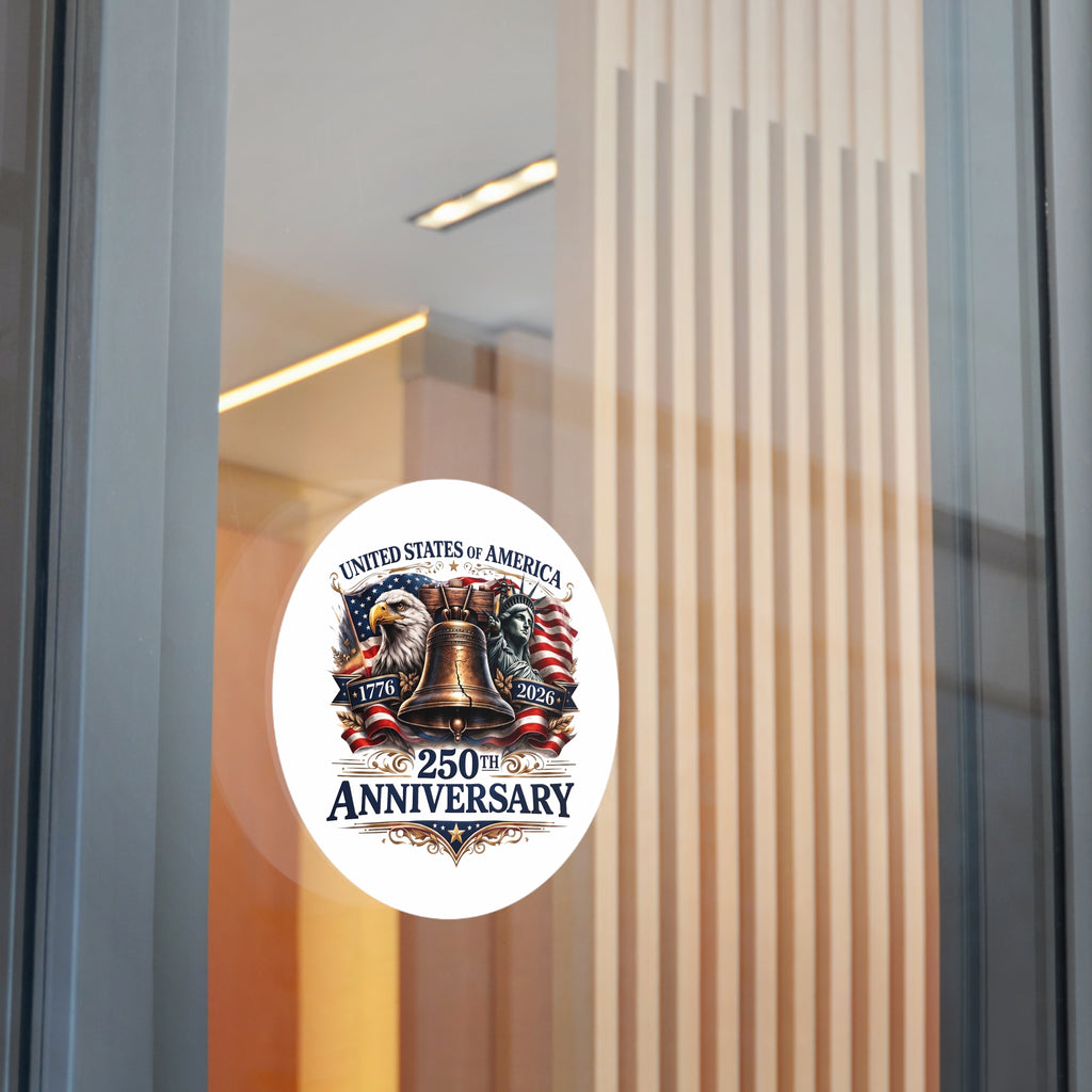 250th Anniversary Liberty Bell Round Vinyl Sticker | USA Patriotic Eagles Flag 1776-2026
