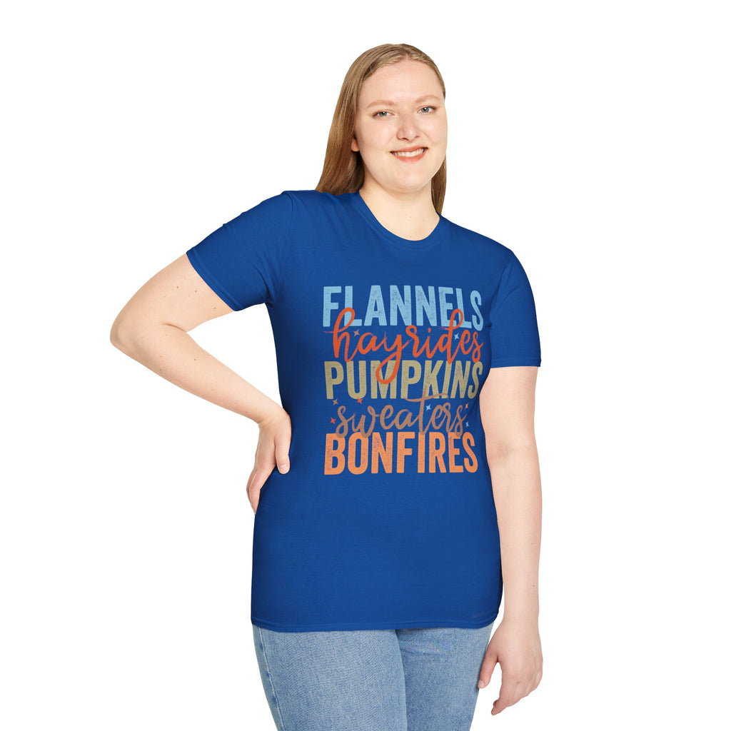 Fall Vibes T‑Shirt — “Flannels Hayrides Pumpkins” Autumn Graphic Tee