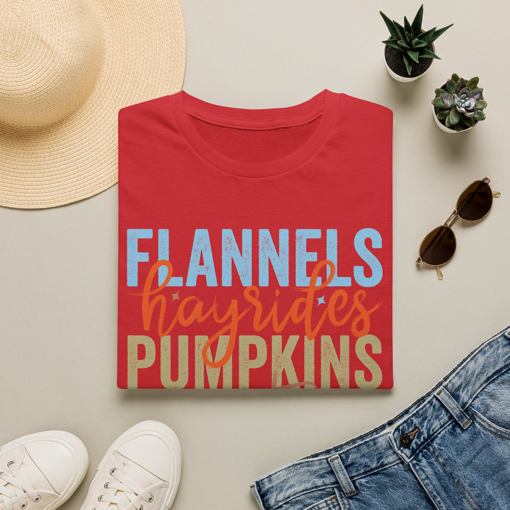 Fall Vibes T‑Shirt — “Flannels Hayrides Pumpkins” Autumn Graphic Tee