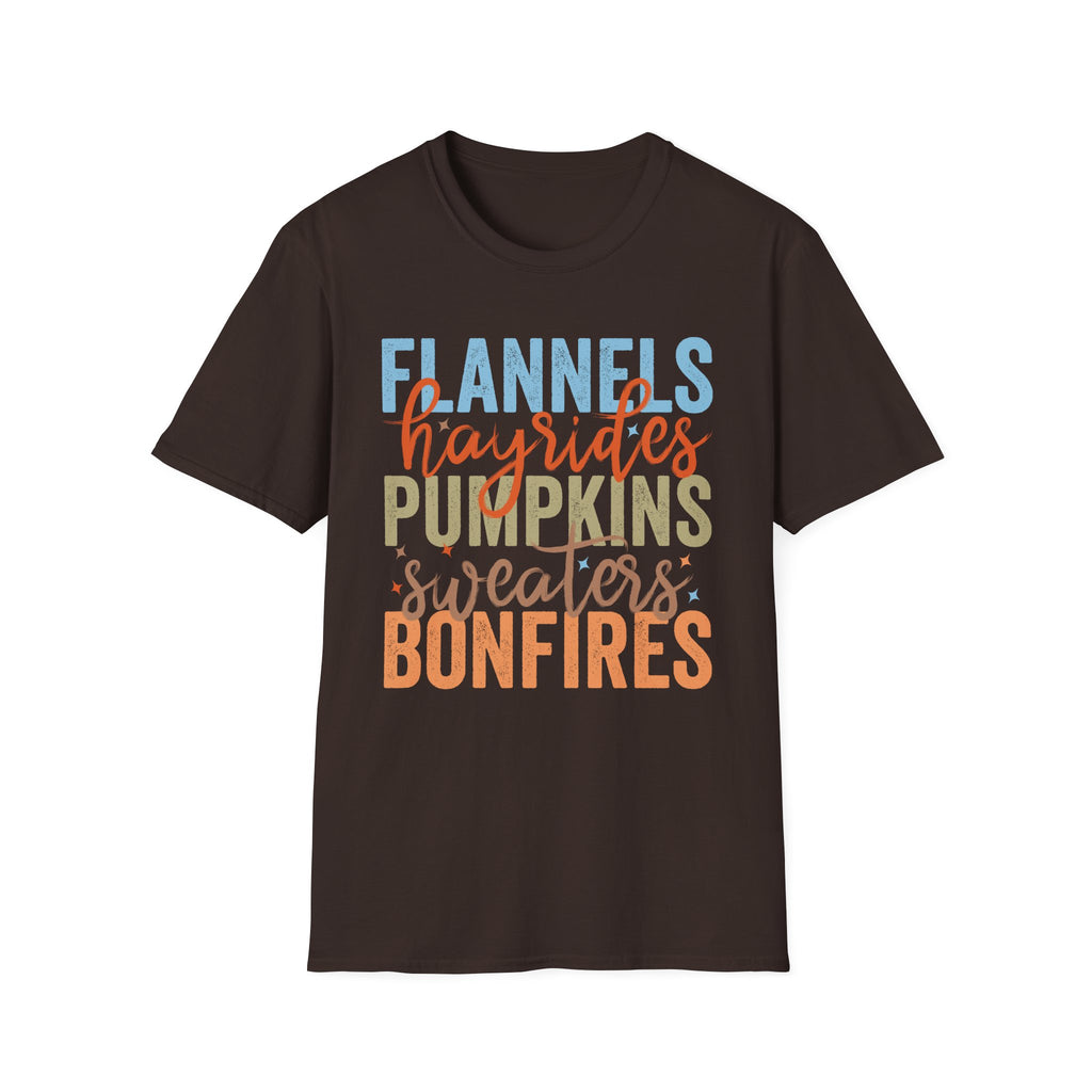 Fall Vibes T‑Shirt — “Flannels Hayrides Pumpkins” Autumn Graphic Tee