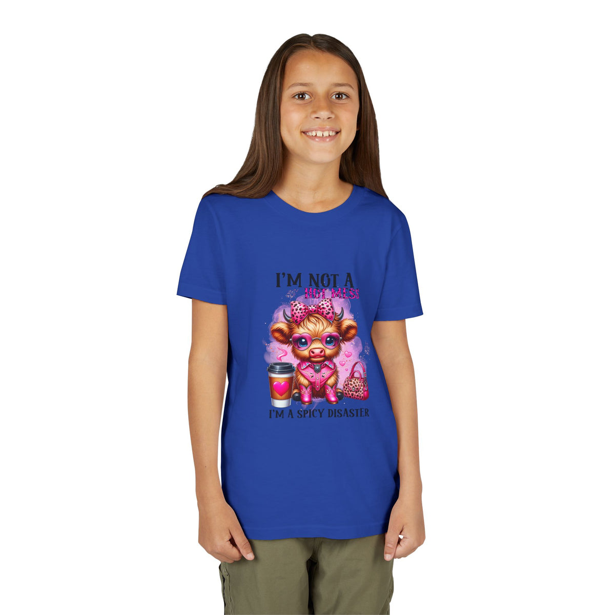 Youth Tee — "I'm Not A Hot Mess I'm A Spicy Disaster" Highland Cow