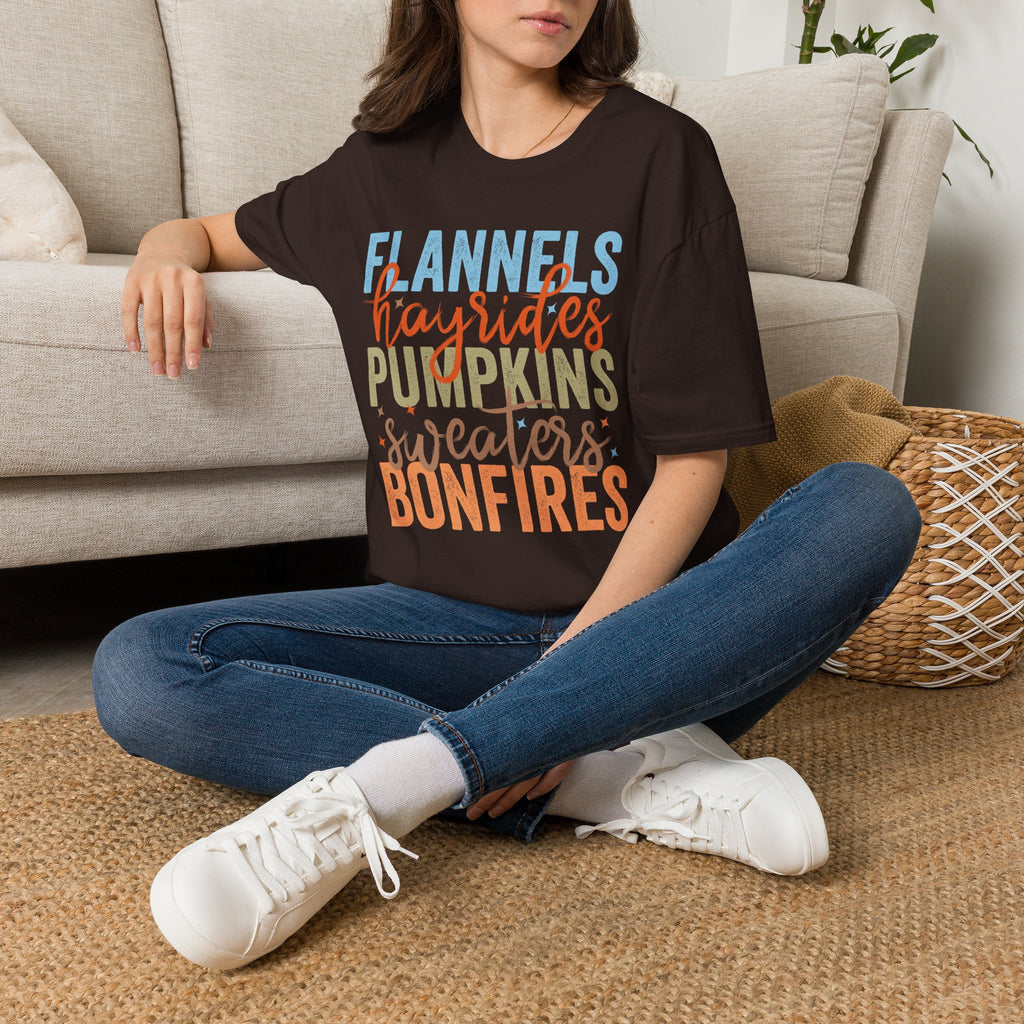 Fall Vibes T‑Shirt — “Flannels Hayrides Pumpkins” Autumn Graphic Tee
