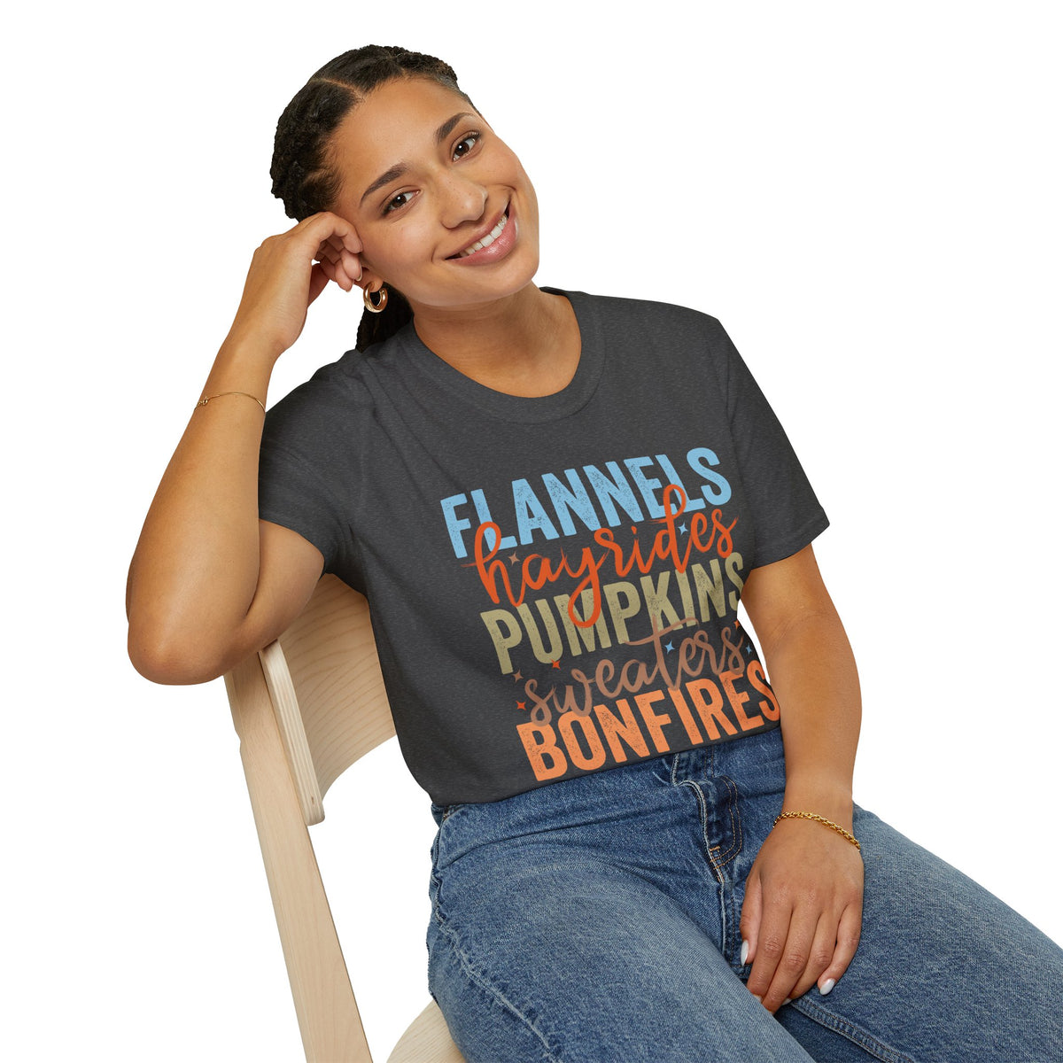 Fall Vibes T‑Shirt — “Flannels Hayrides Pumpkins” Autumn Graphic Tee