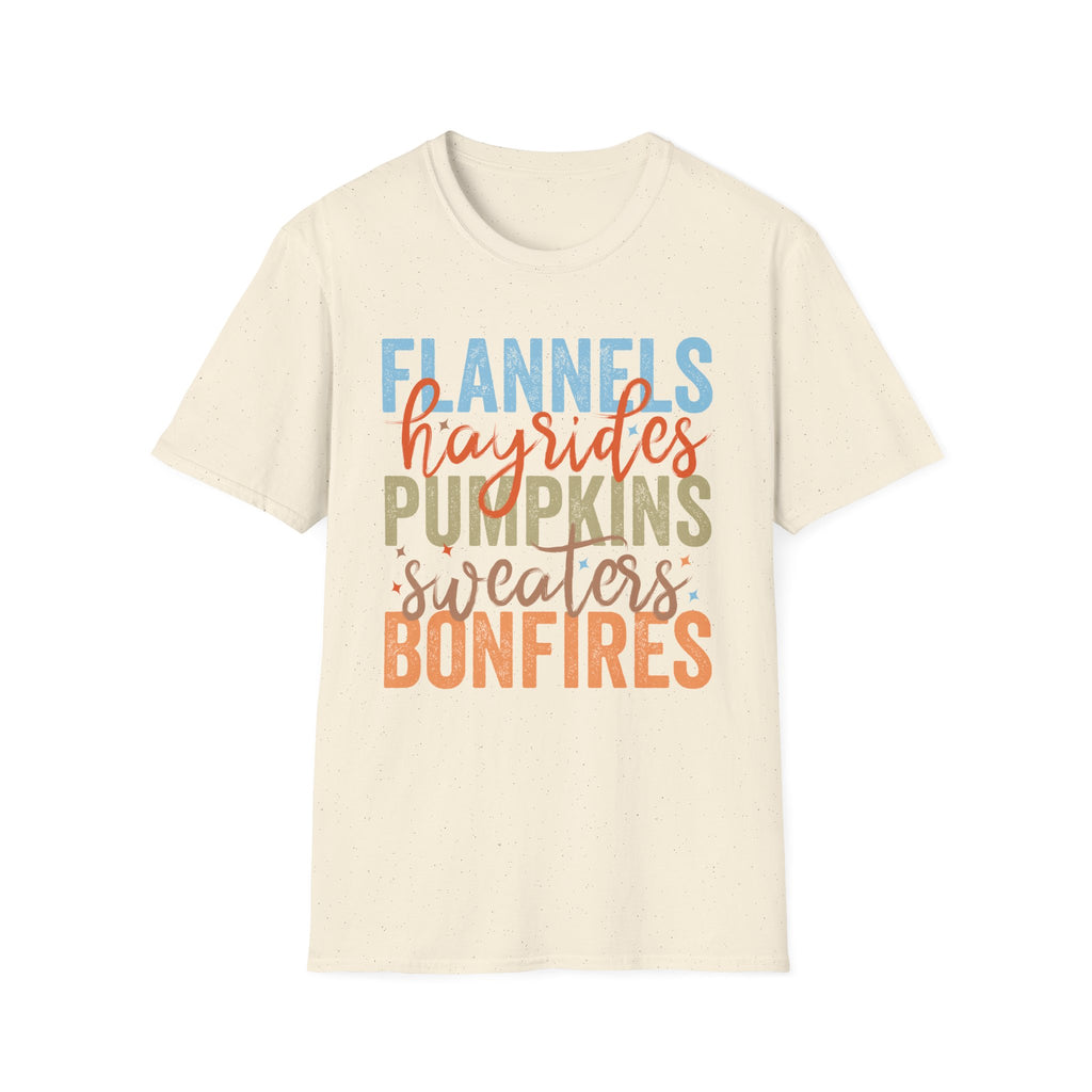 Fall Vibes T‑Shirt — “Flannels Hayrides Pumpkins” Autumn Graphic Tee