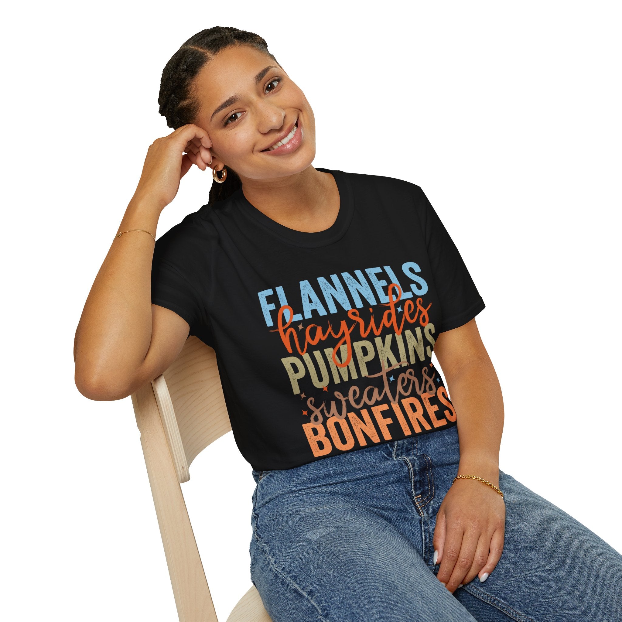 Fall Vibes T‑Shirt — “Flannels Hayrides Pumpkins” Autumn Graphic Tee