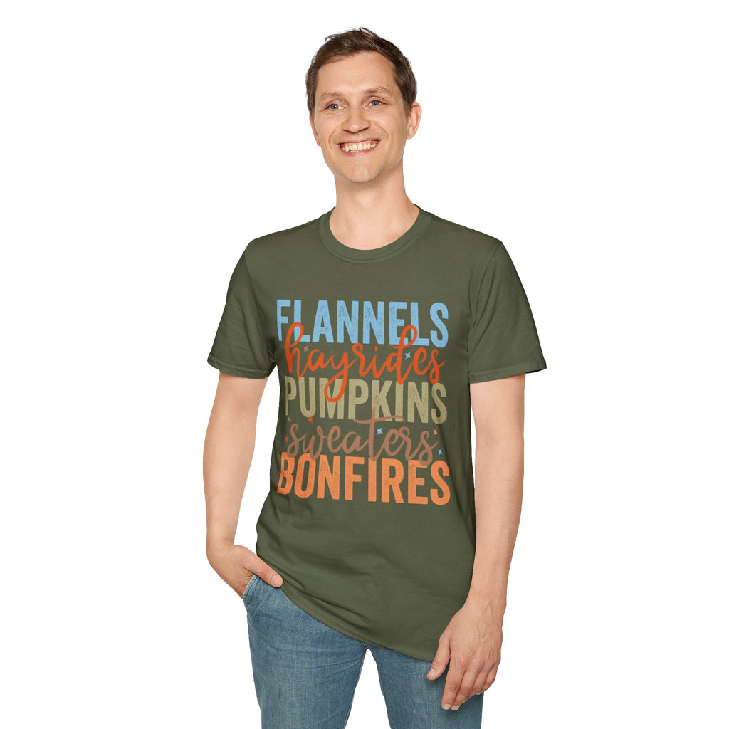 Fall Vibes T‑Shirt — “Flannels Hayrides Pumpkins” Autumn Graphic Tee