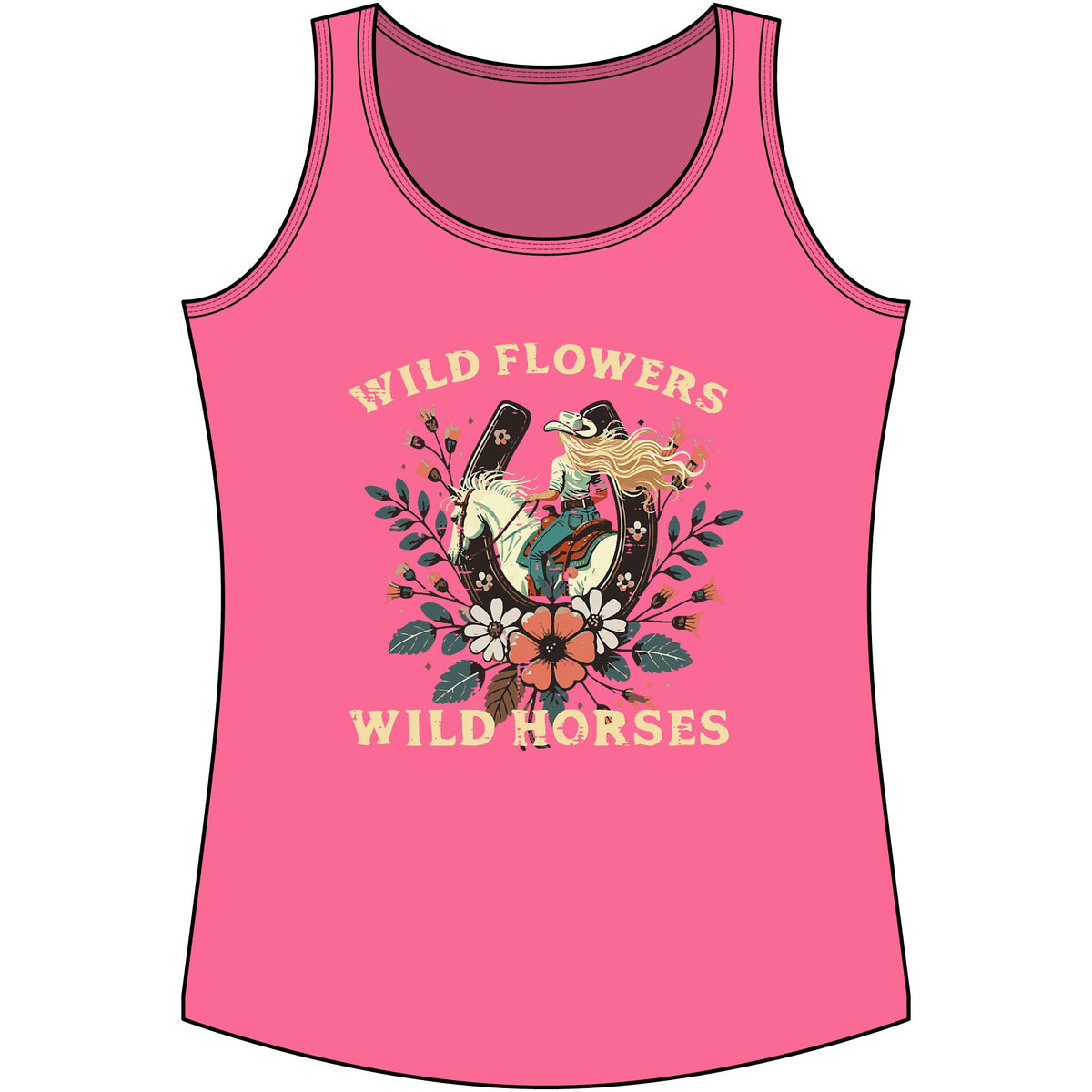 Western Wildflowers & Wild Horses Tank Top — Women's Cotton Ranch Style