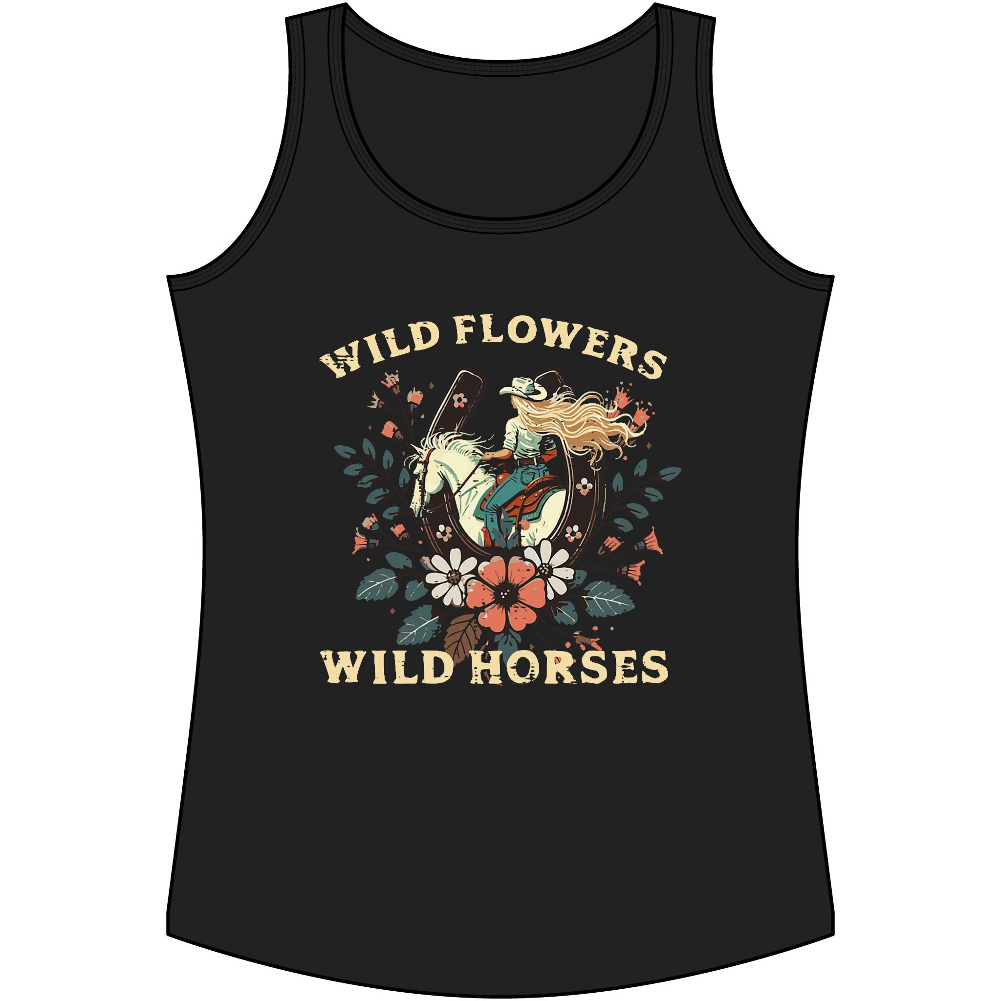 Western Wildflowers & Wild Horses Tank Top — Women's Cotton Ranch Style