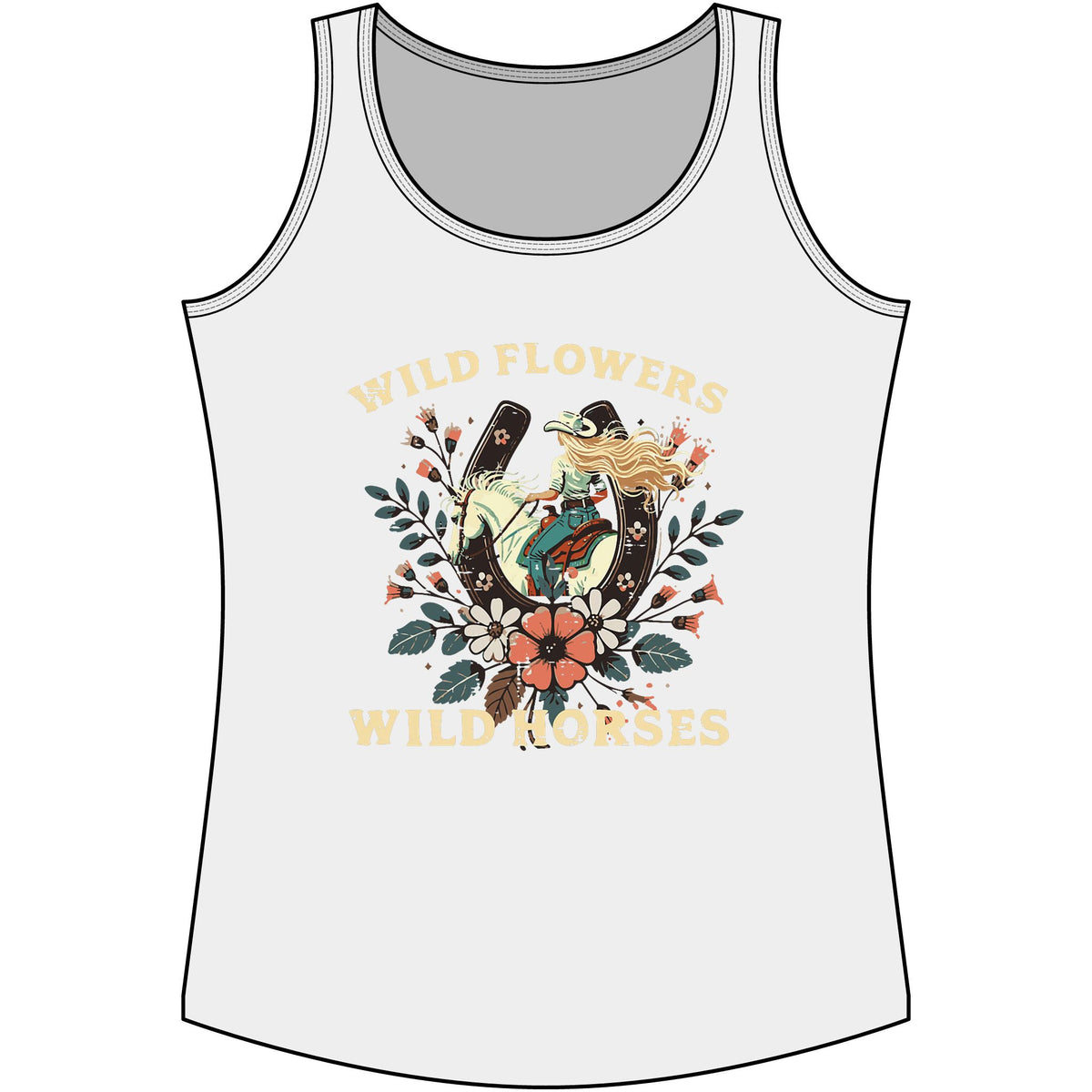 Western Wildflowers & Wild Horses Tank Top — Women's Cotton Ranch Style