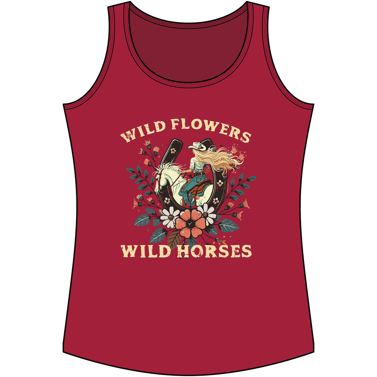 Western Wildflowers & Wild Horses Tank Top — Women's Cotton Ranch Style