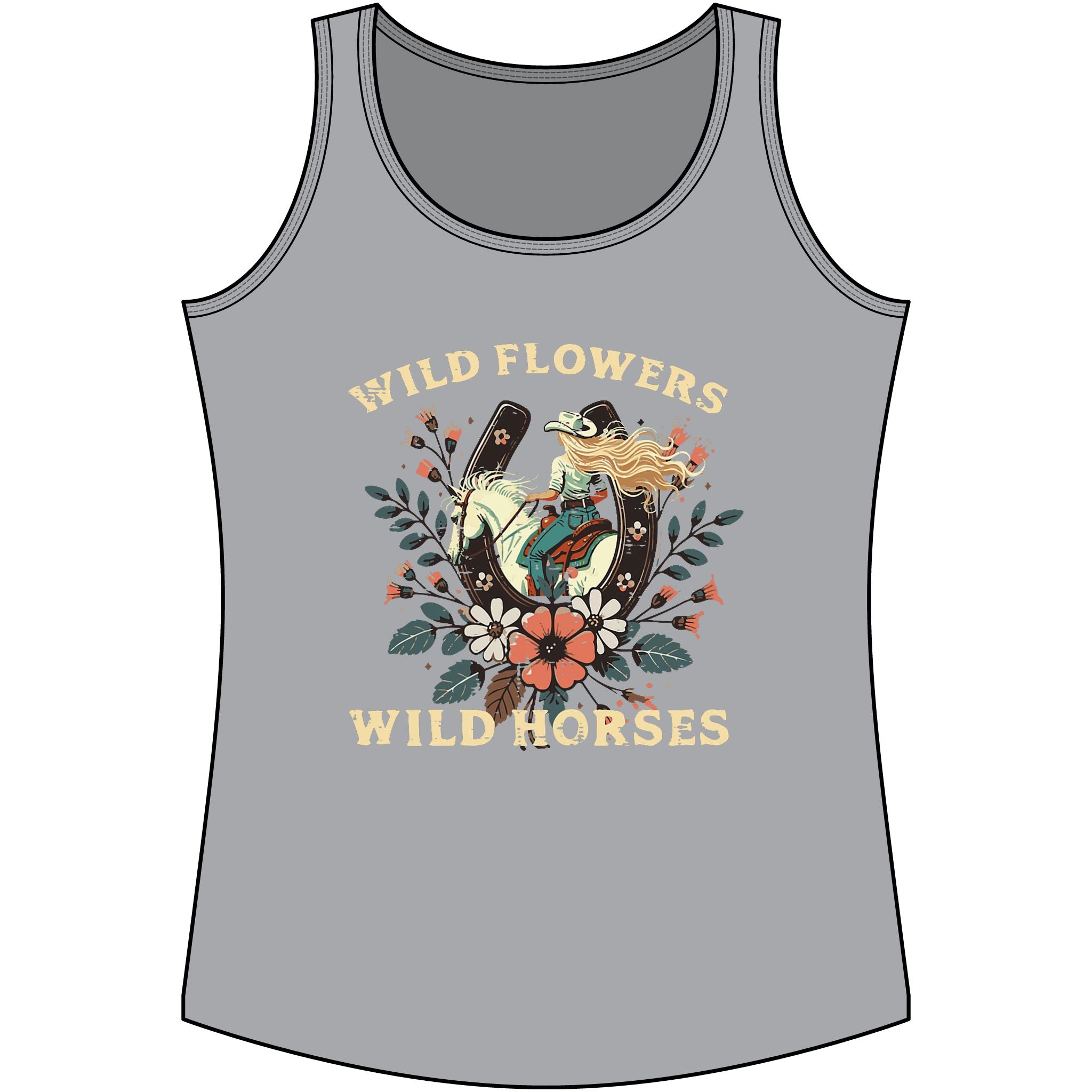 Western Wildflowers & Wild Horses Tank Top — Women's Cotton Ranch Style