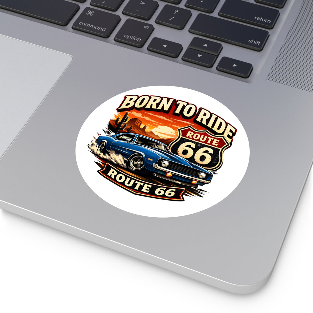 Born to Ride Route 66 Round Vinyl Sticker | Classic Muscle Car Decal
