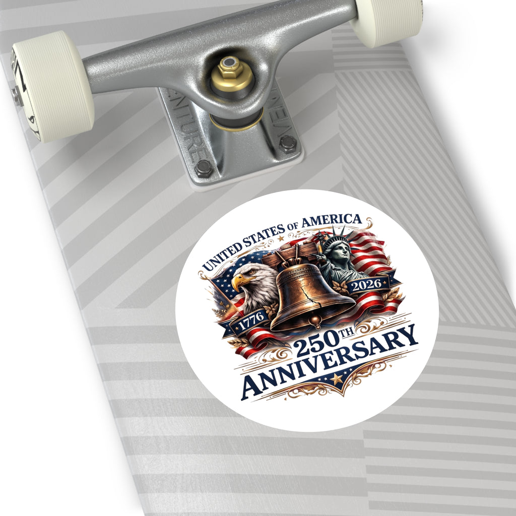 250th Anniversary Liberty Bell Round Vinyl Sticker | USA Patriotic Eagles Flag 1776-2026