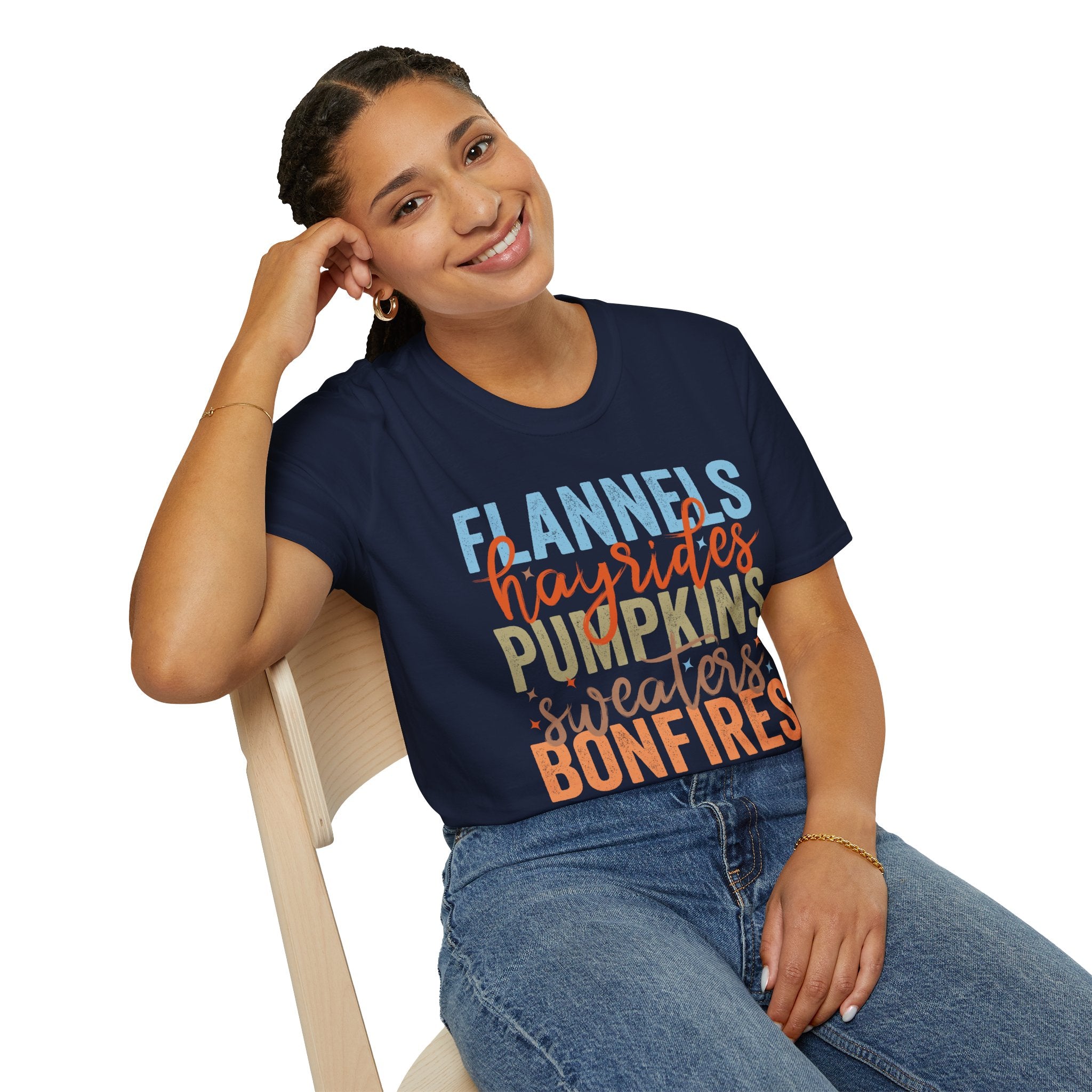 Fall Vibes T‑Shirt — “Flannels Hayrides Pumpkins” Autumn Graphic Tee