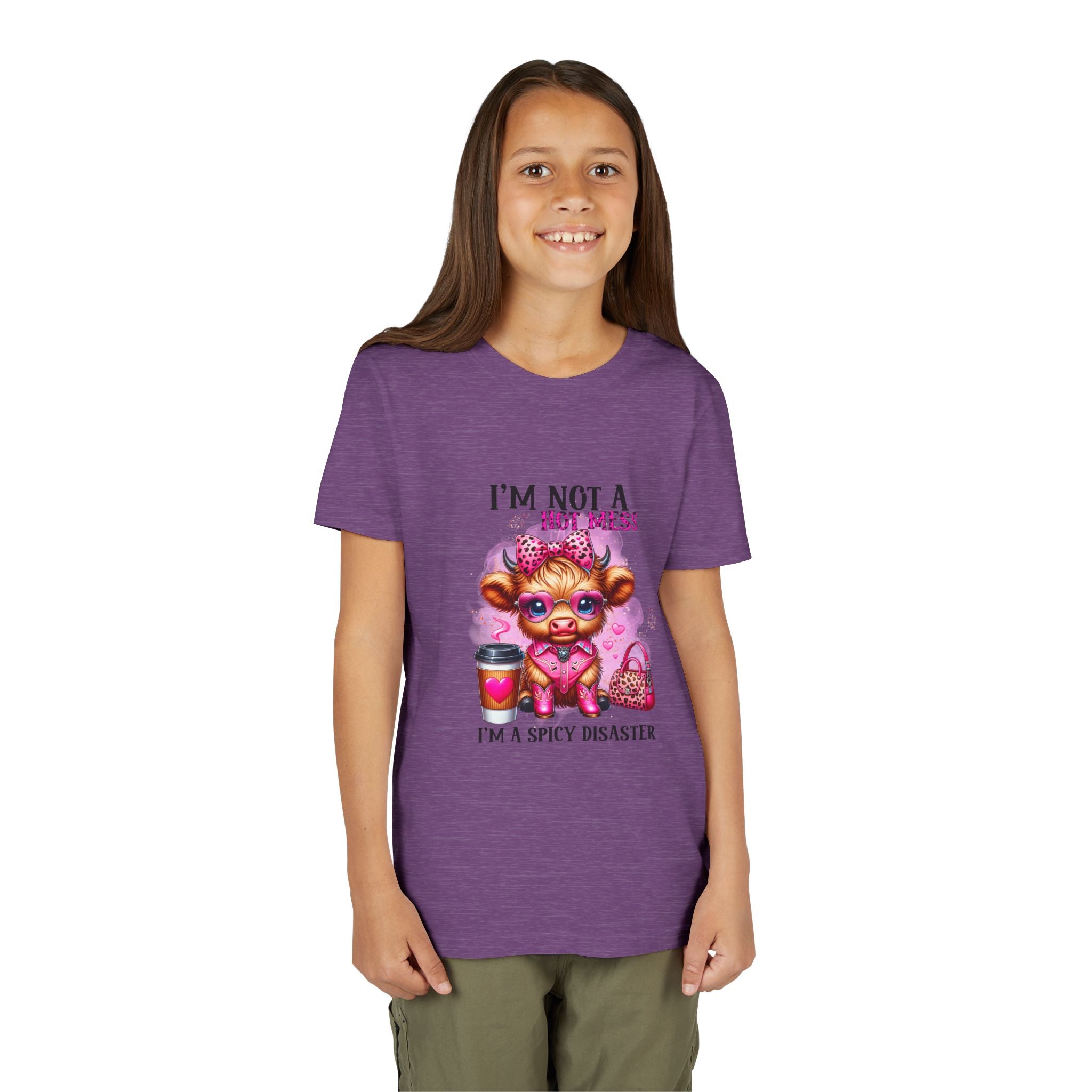 Youth Tee — "I'm Not A Hot Mess I'm A Spicy Disaster" Highland Cow