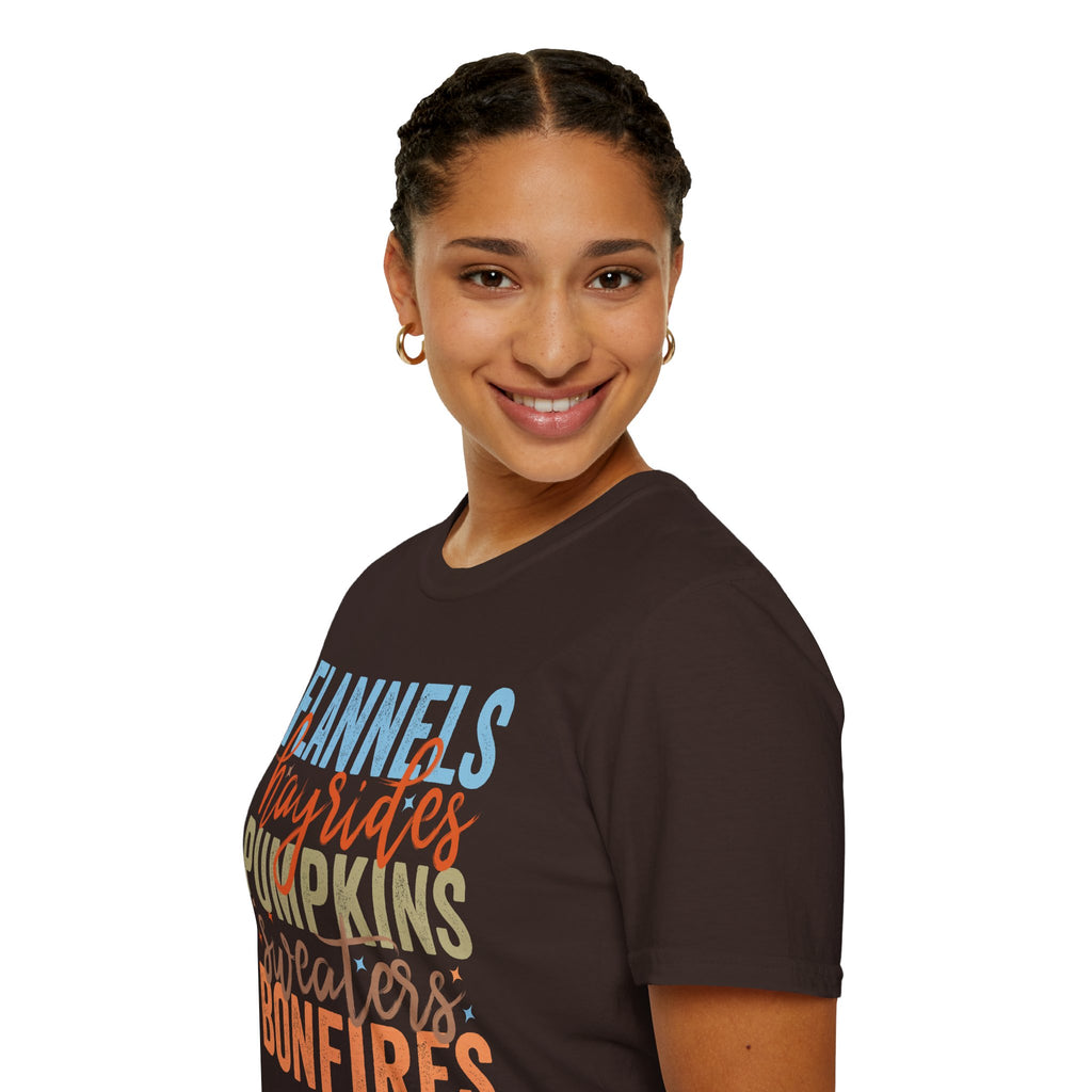 Fall Vibes T‑Shirt — “Flannels Hayrides Pumpkins” Autumn Graphic Tee