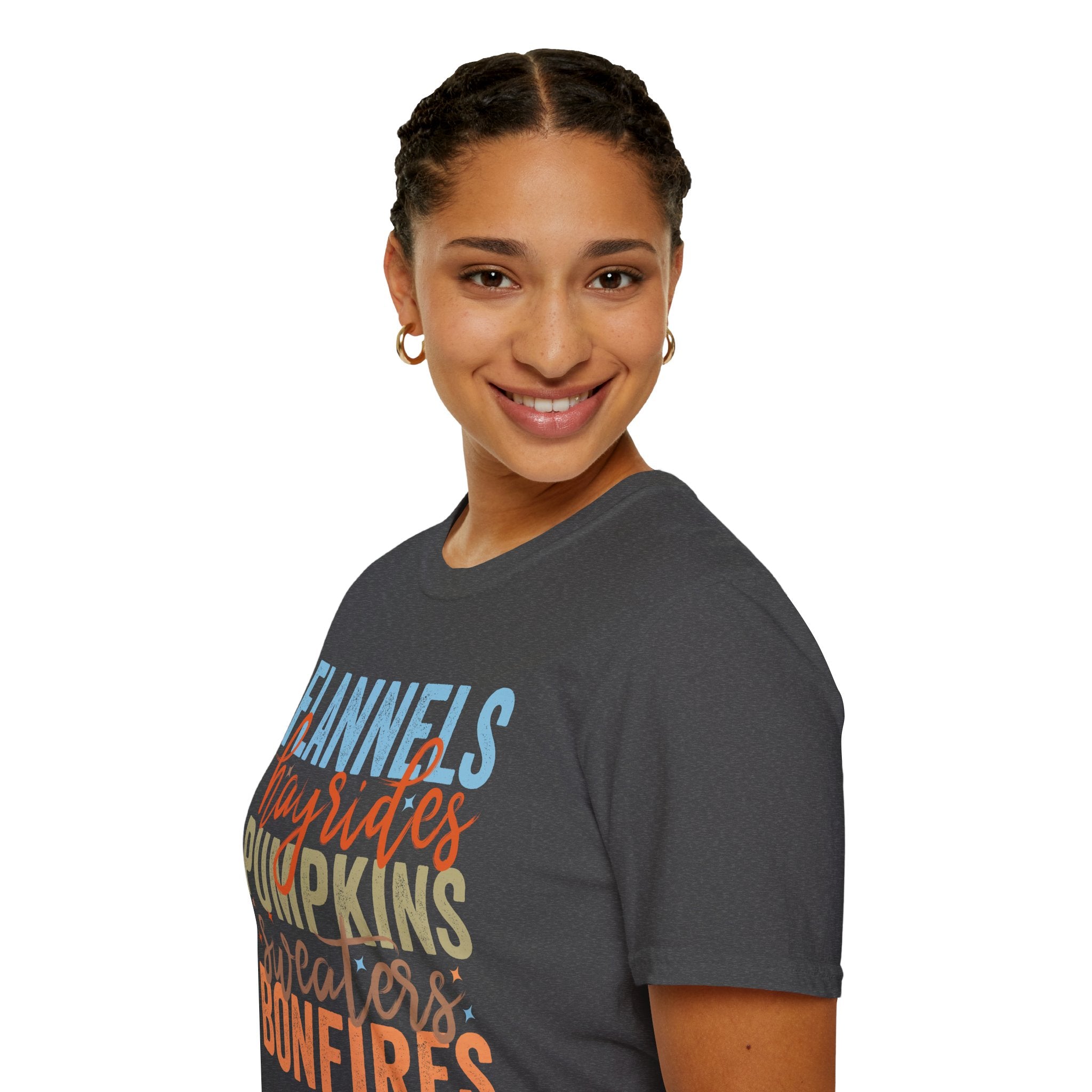 Fall Vibes T‑Shirt — “Flannels Hayrides Pumpkins” Autumn Graphic Tee