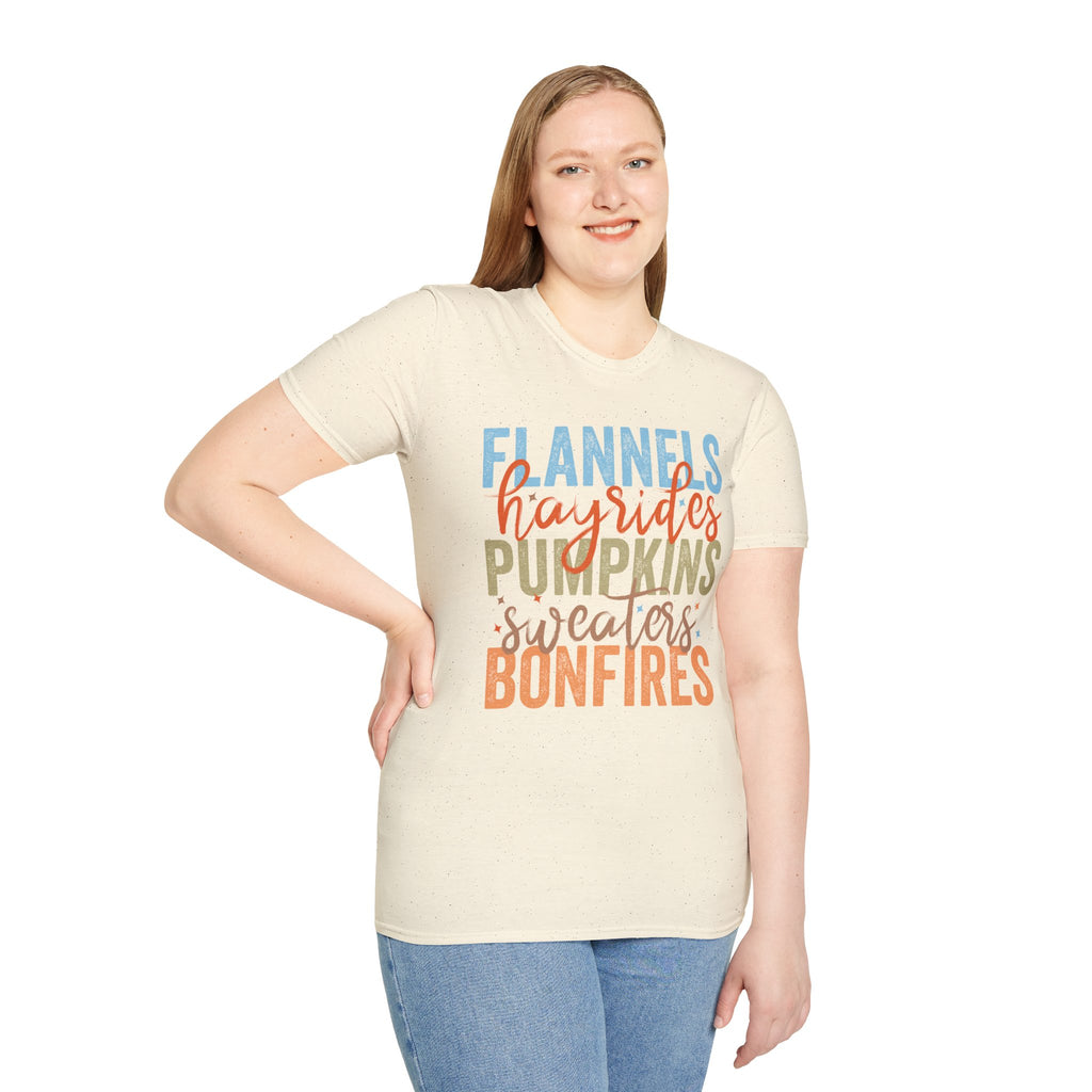 Fall Vibes T‑Shirt — “Flannels Hayrides Pumpkins” Autumn Graphic Tee