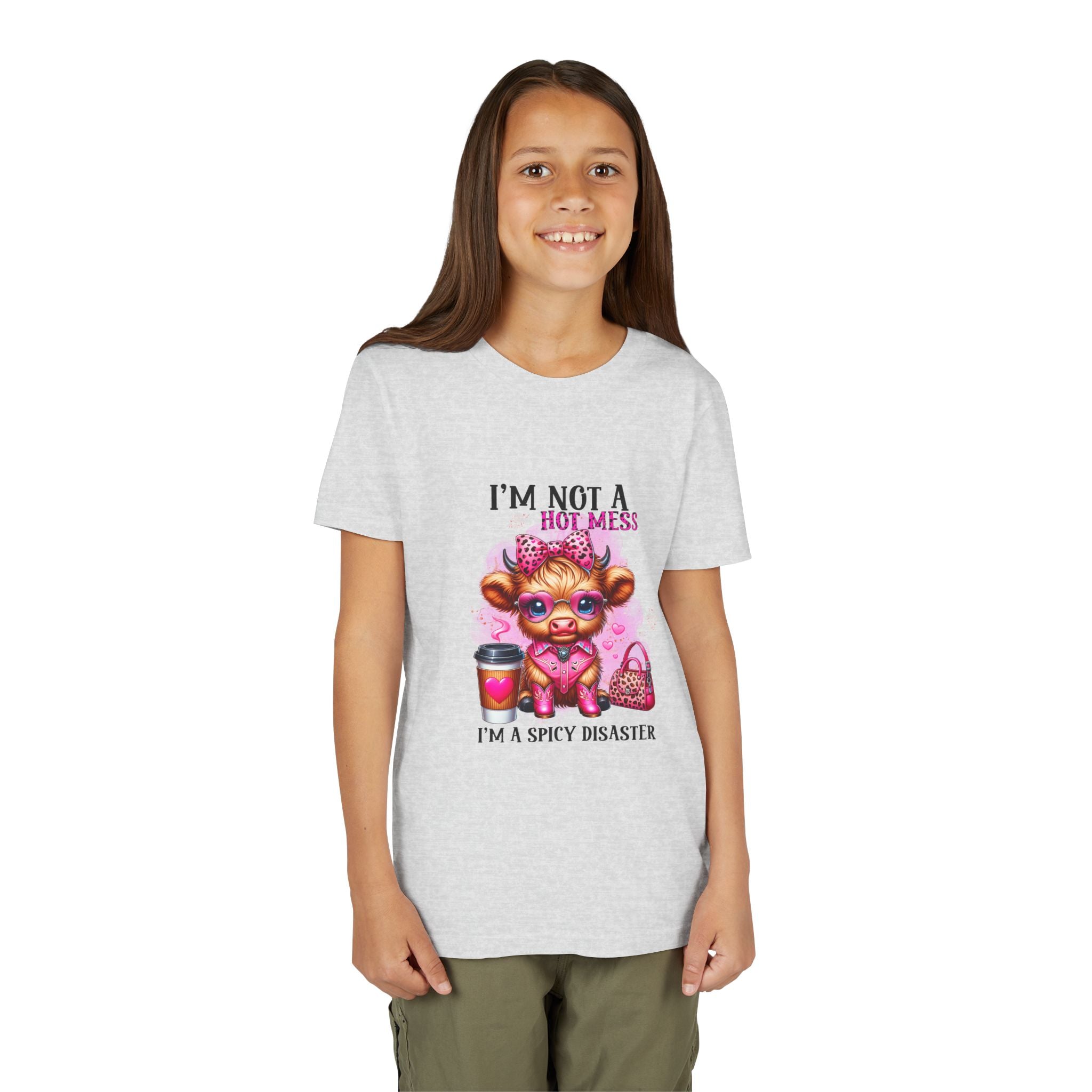 Youth Tee — "I'm Not A Hot Mess I'm A Spicy Disaster" Highland Cow