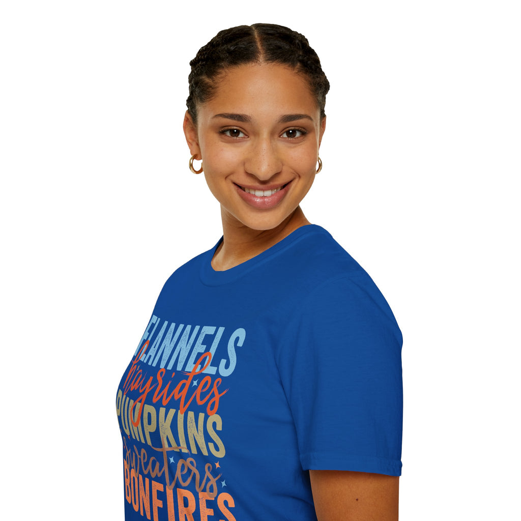 Fall Vibes T‑Shirt — “Flannels Hayrides Pumpkins” Autumn Graphic Tee