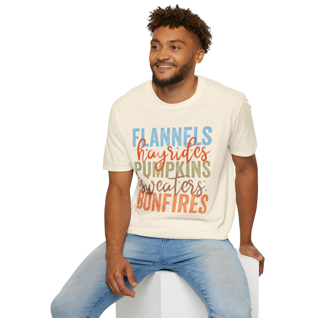 Fall Vibes T‑Shirt — “Flannels Hayrides Pumpkins” Autumn Graphic Tee