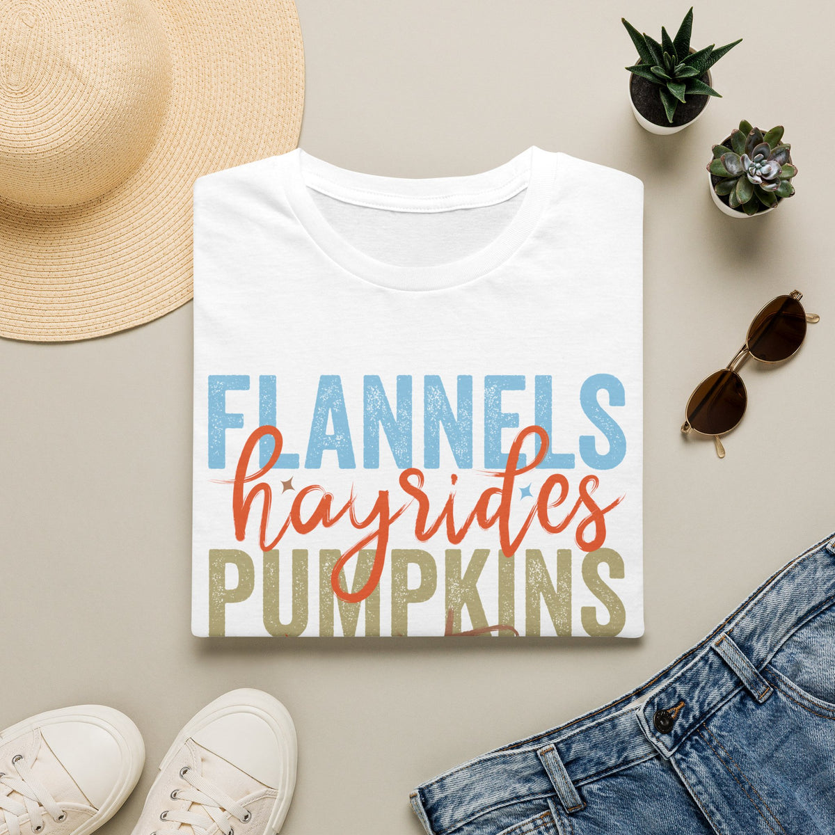 Fall Vibes T‑Shirt — “Flannels Hayrides Pumpkins” Autumn Graphic Tee