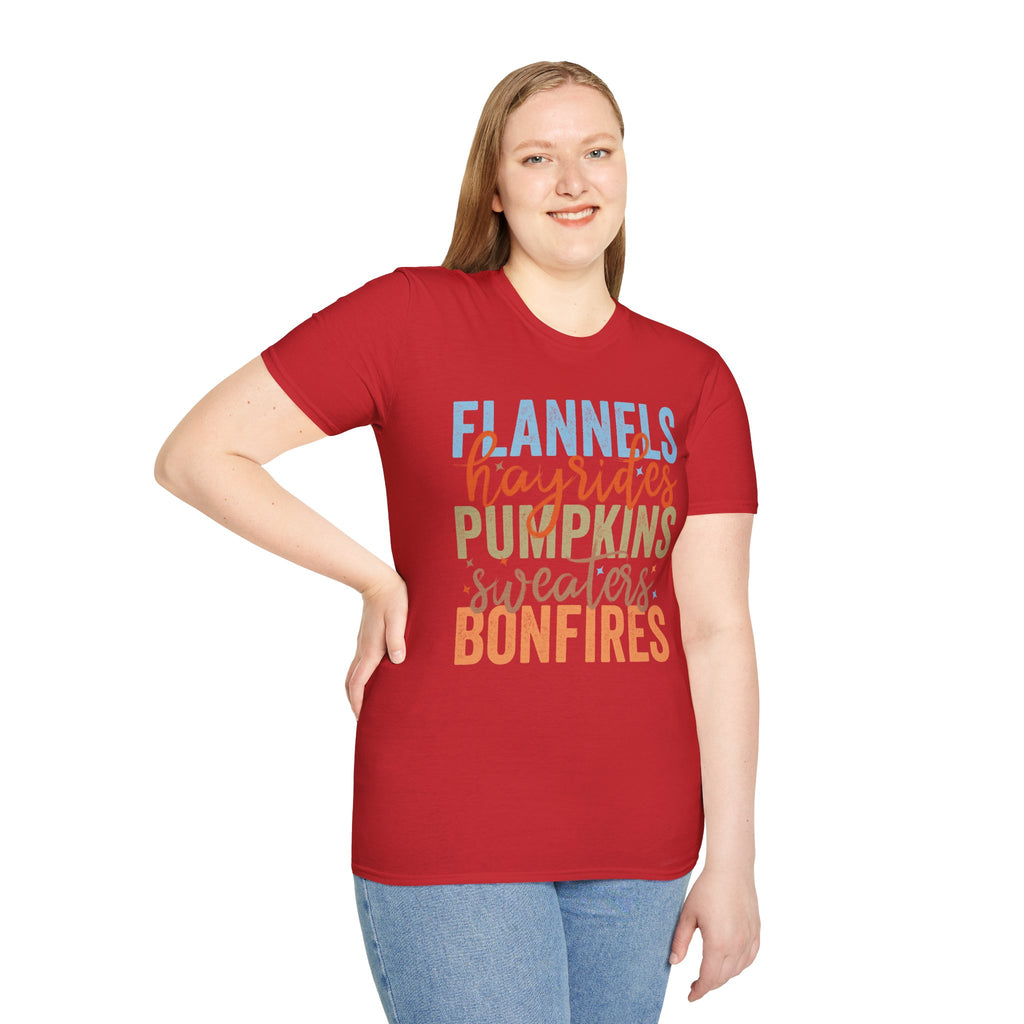 Fall Vibes T‑Shirt — “Flannels Hayrides Pumpkins” Autumn Graphic Tee
