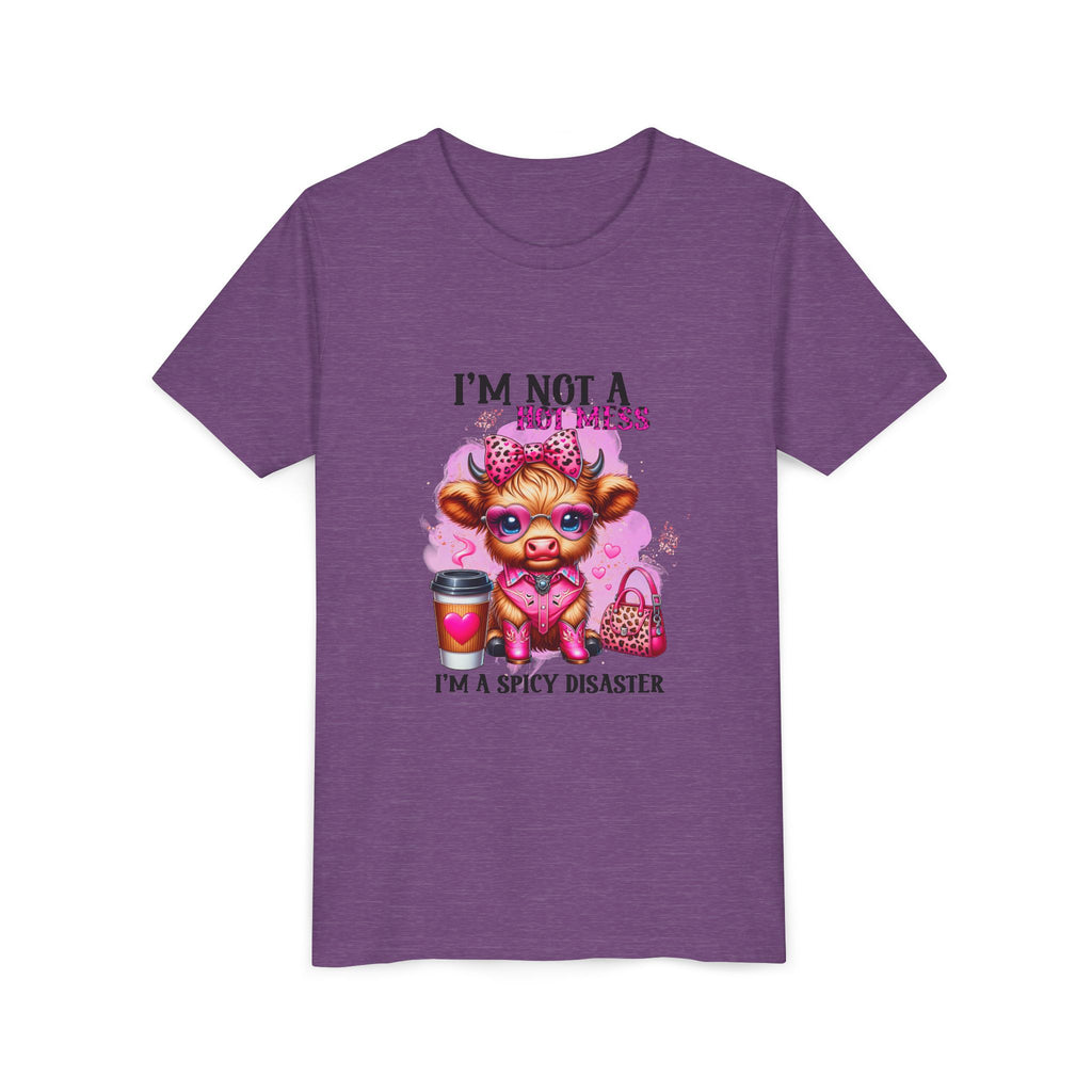Youth Tee — "I'm Not A Hot Mess I'm A Spicy Disaster" Highland Cow