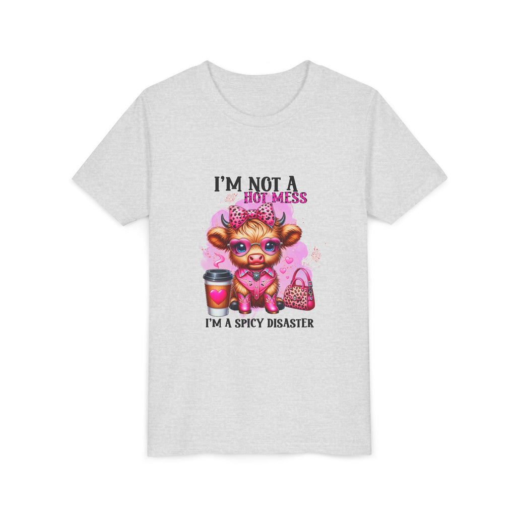 Youth Tee — "I'm Not A Hot Mess I'm A Spicy Disaster" Highland Cow
