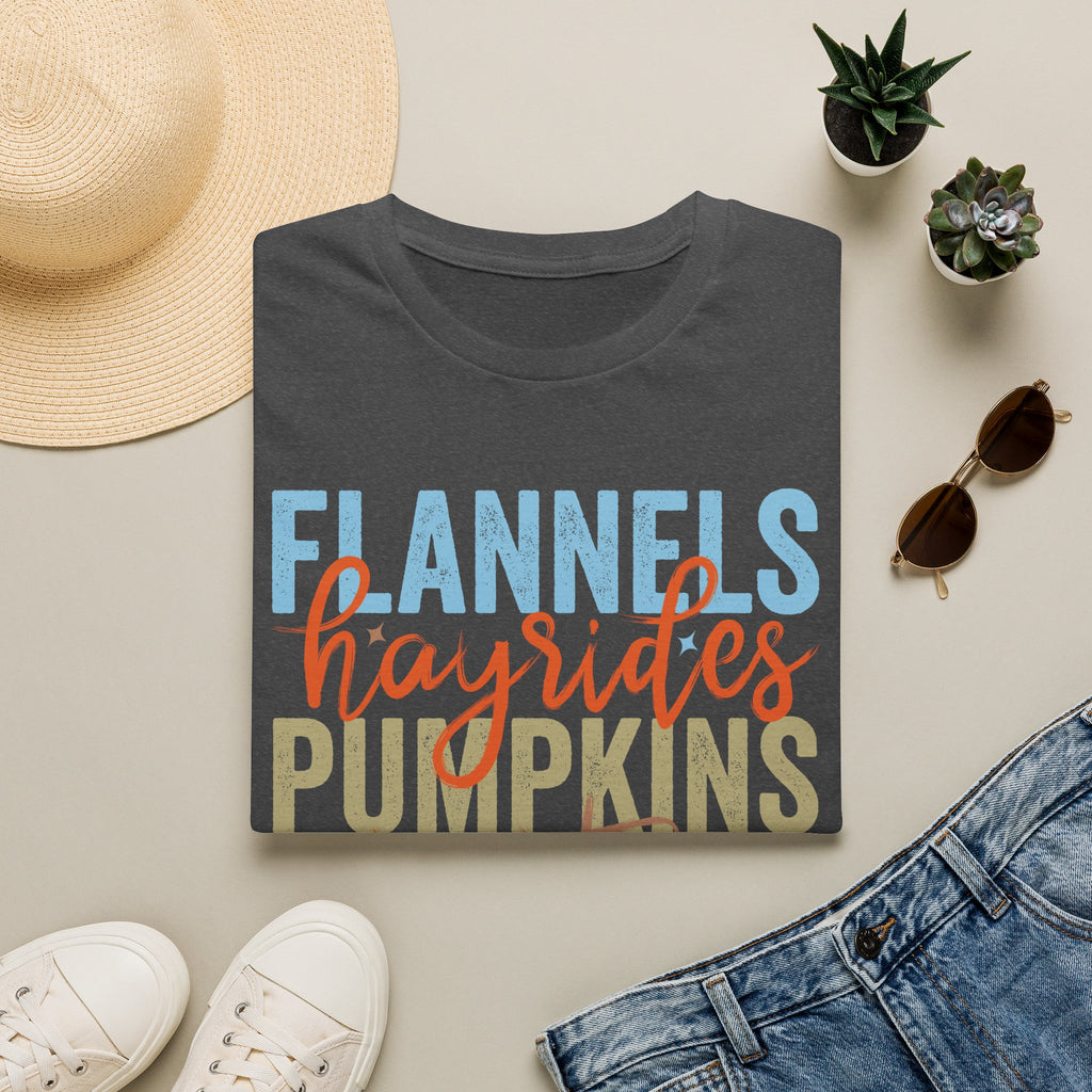 Fall Vibes T‑Shirt — “Flannels Hayrides Pumpkins” Autumn Graphic Tee