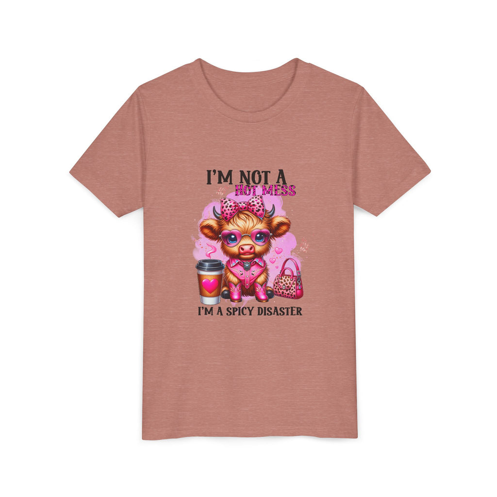 Youth Tee — "I'm Not A Hot Mess I'm A Spicy Disaster" Highland Cow