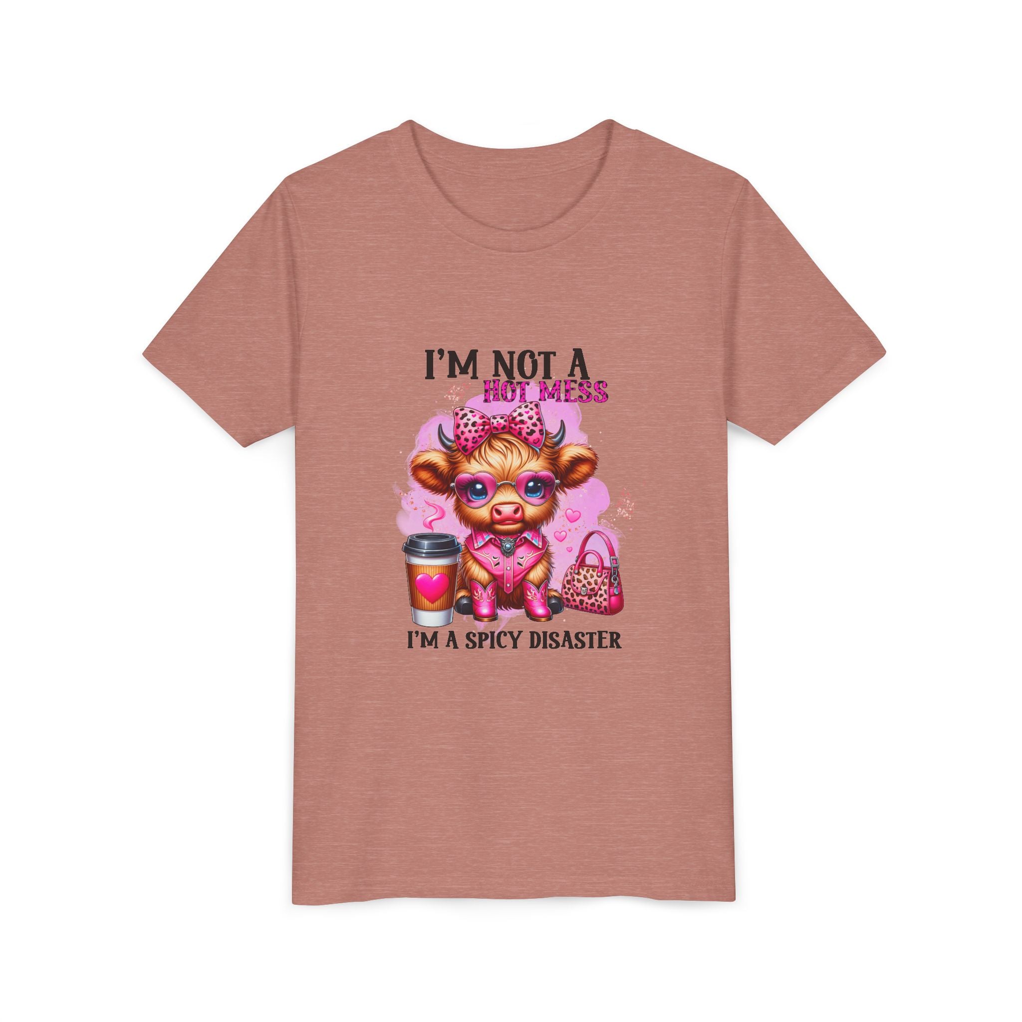 Youth Tee — "I'm Not A Hot Mess I'm A Spicy Disaster" Highland Cow