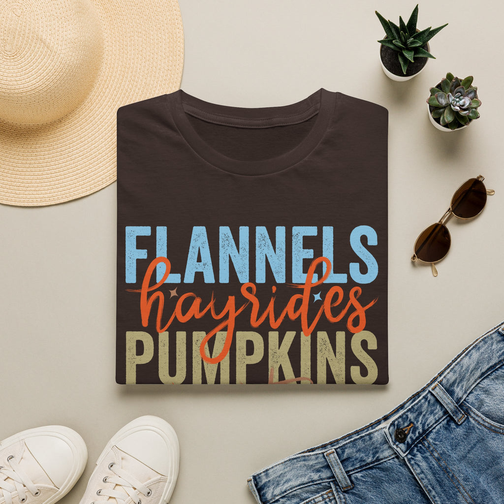Fall Vibes T‑Shirt — “Flannels Hayrides Pumpkins” Autumn Graphic Tee
