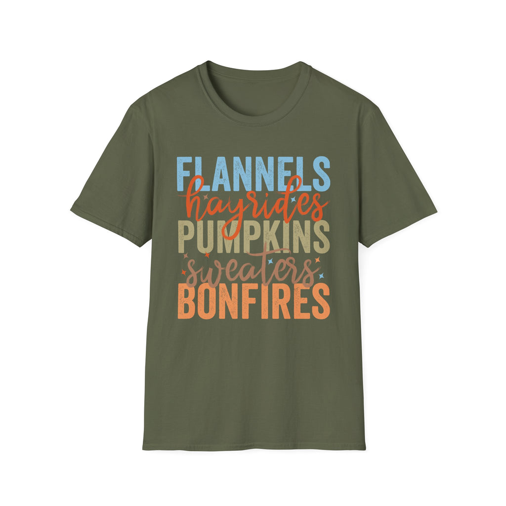 Fall Vibes T‑Shirt — “Flannels Hayrides Pumpkins” Autumn Graphic Tee