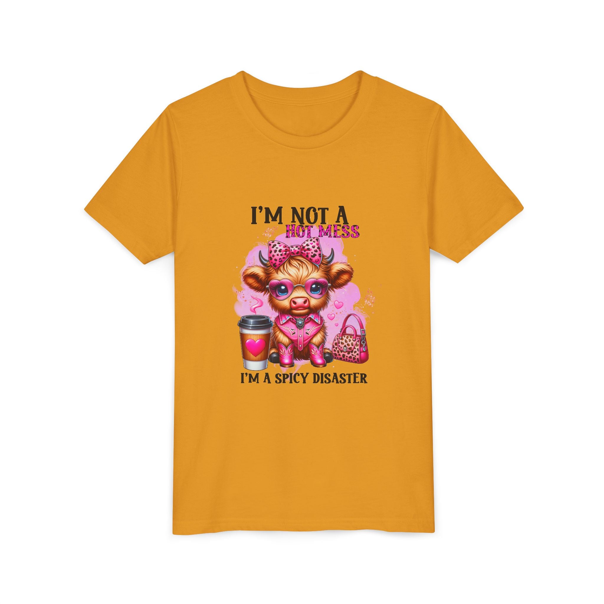 Youth Tee — "I'm Not A Hot Mess I'm A Spicy Disaster" Highland Cow