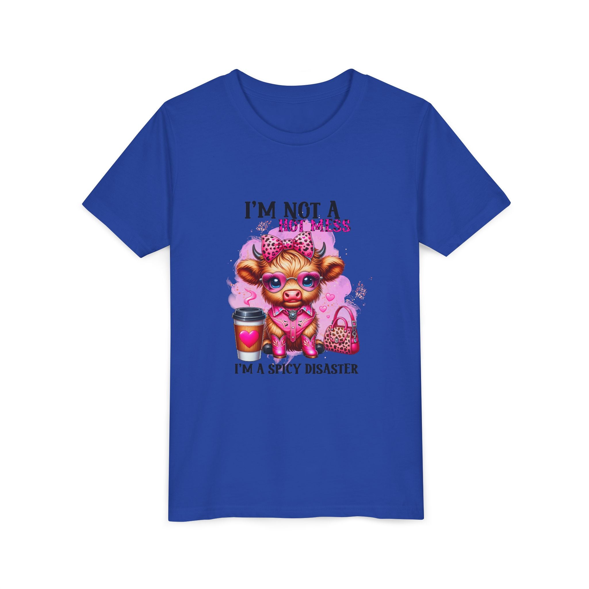 Youth Tee — "I'm Not A Hot Mess I'm A Spicy Disaster" Highland Cow