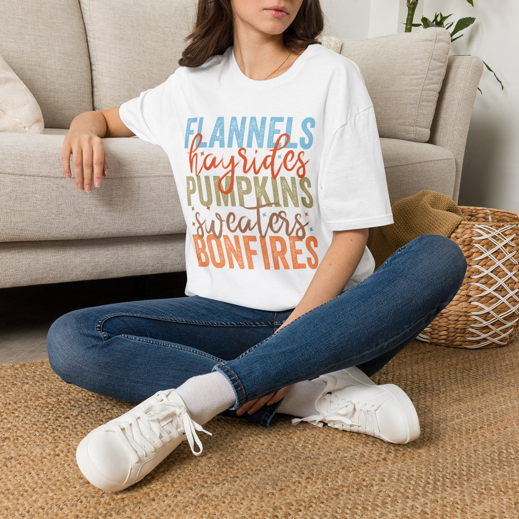 Fall Vibes T‑Shirt — “Flannels Hayrides Pumpkins” Autumn Graphic Tee