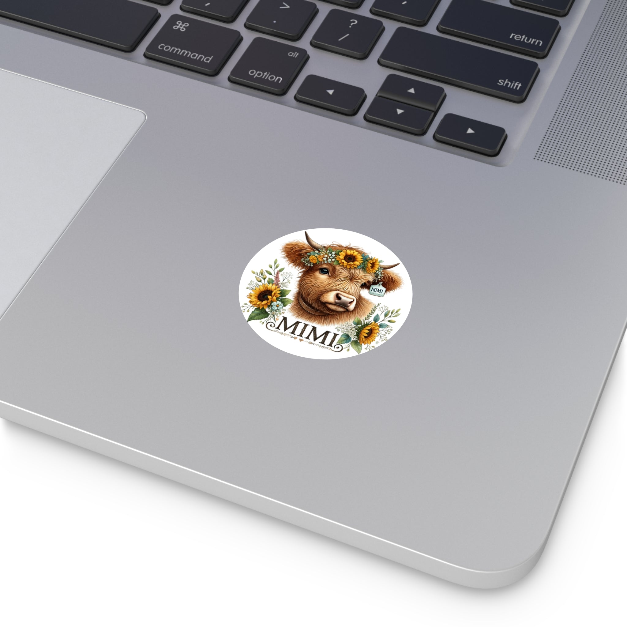 Sunflower Cow Mimi Round Vinyl Sticker | Floral Highland Cattle Decal