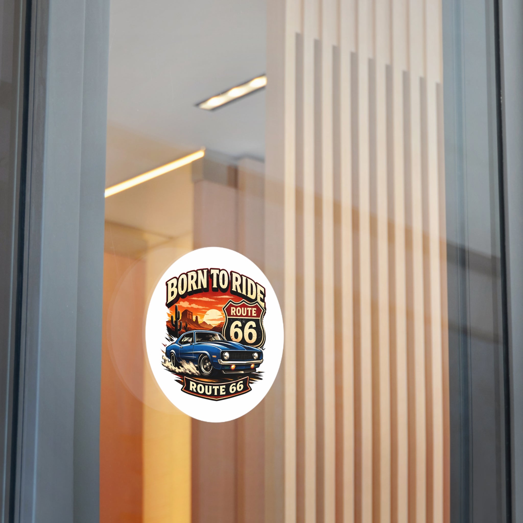 Born to Ride Route 66 Round Vinyl Sticker | Classic Muscle Car Decal