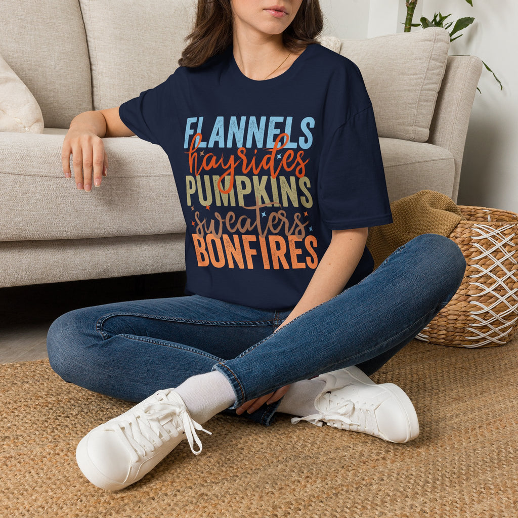 Fall Vibes T‑Shirt — “Flannels Hayrides Pumpkins” Autumn Graphic Tee
