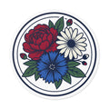 Red Peony White Daisy Blue Cornflower Round Vinyl Sticker | Floral Bouquet