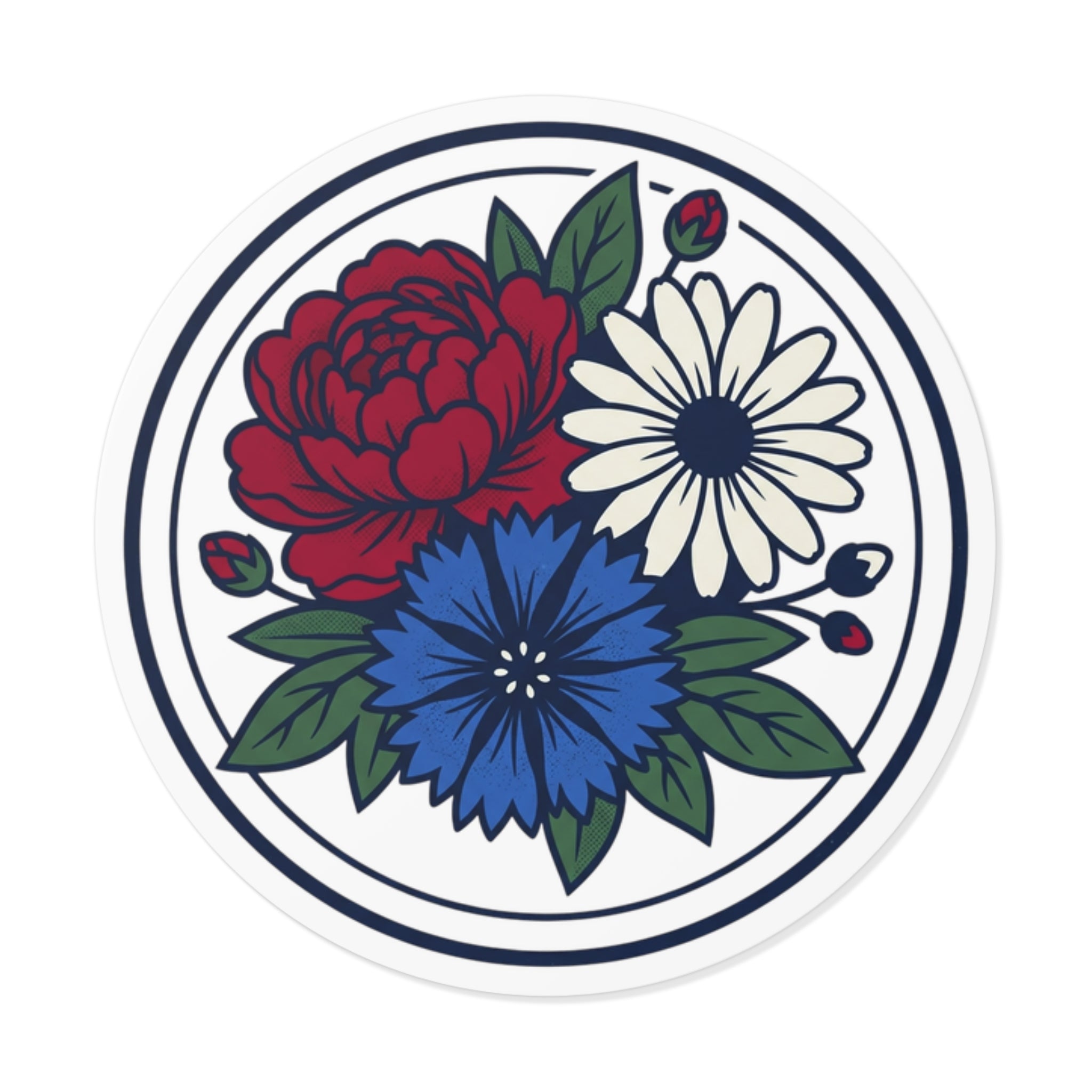 Red Peony White Daisy Blue Cornflower Round Vinyl Sticker | Floral Bouquet