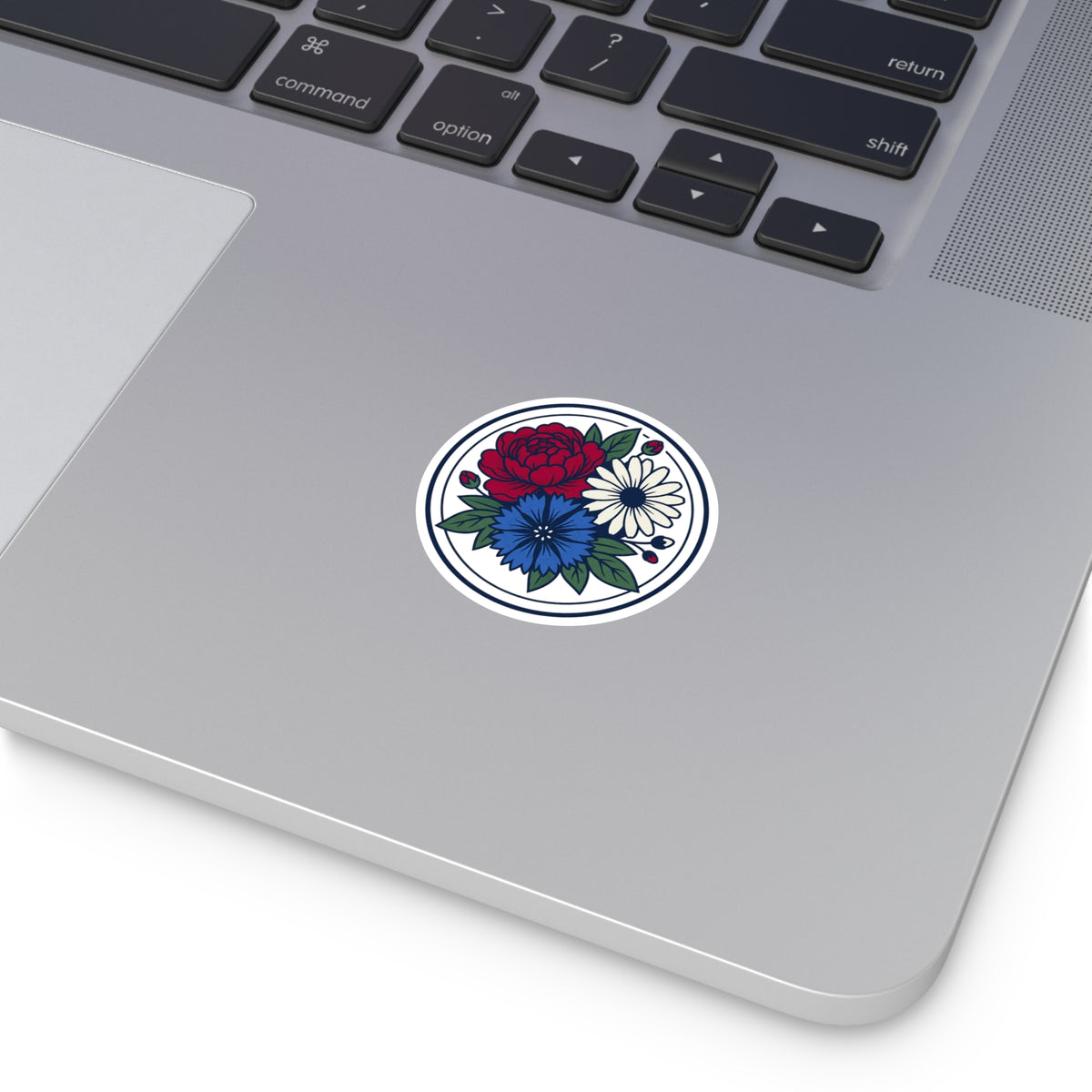Red Peony White Daisy Blue Cornflower Round Vinyl Sticker | Floral Bouquet