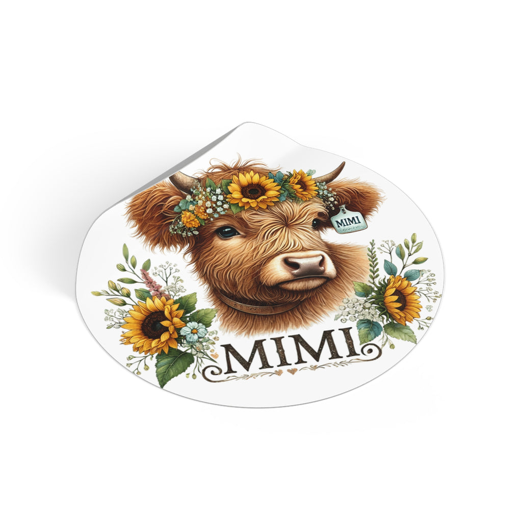Sunflower Cow Mimi Round Vinyl Sticker | Floral Highland Cattle Decal
