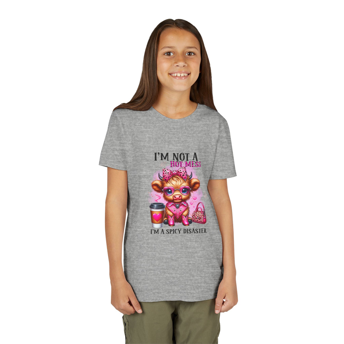 Youth Tee — "I'm Not A Hot Mess I'm A Spicy Disaster" Highland Cow